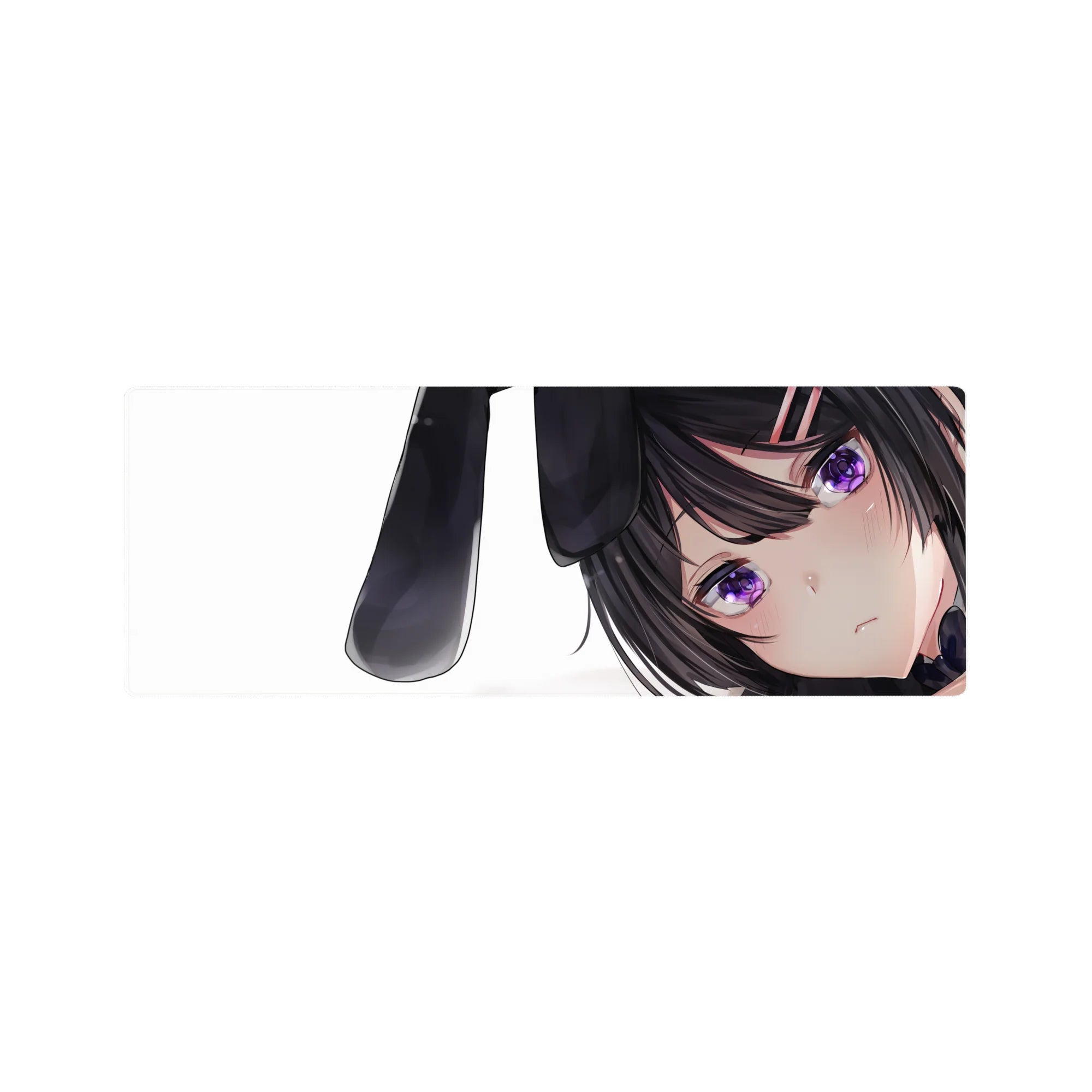 32x12 inches anime girl mouse pad with dark-haired bunny girl, violet eyes, and white background.