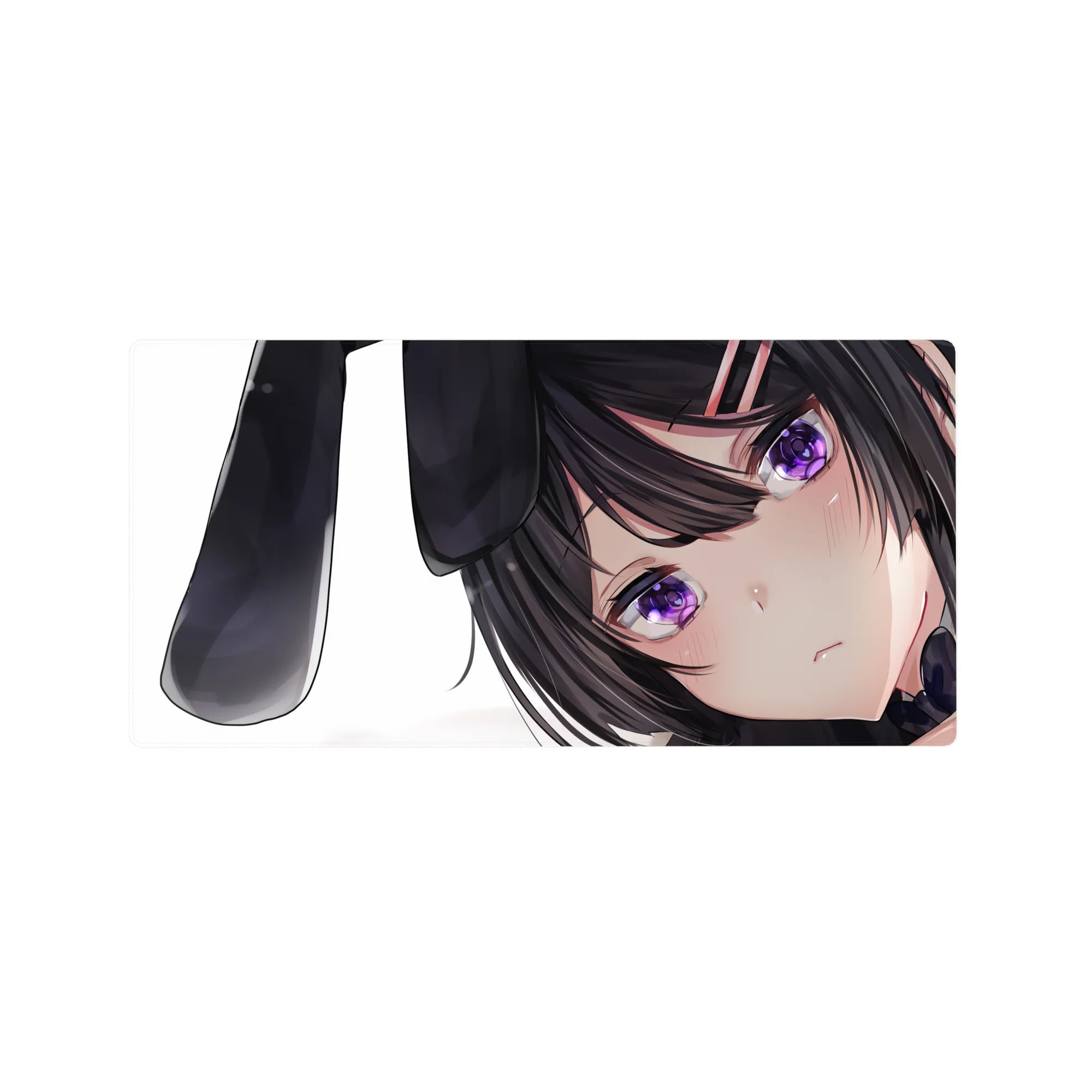 32x16 inches anime girl mouse pad with dark-haired bunny girl, violet eyes, blush cheeks on white.