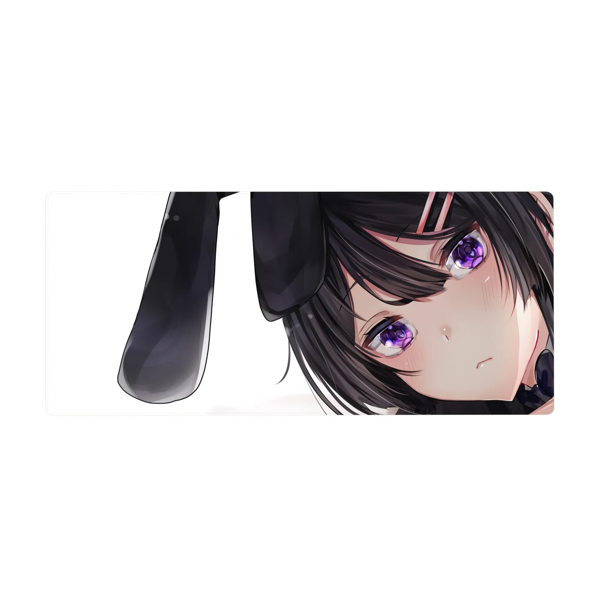 Anime girl desk pad 36x16 inches with dark-haired bunny girl, violet eyes, on clean white background.