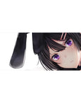 Anime girl desk pad 36x16 inches with dark-haired bunny girl, violet eyes, on clean white background.