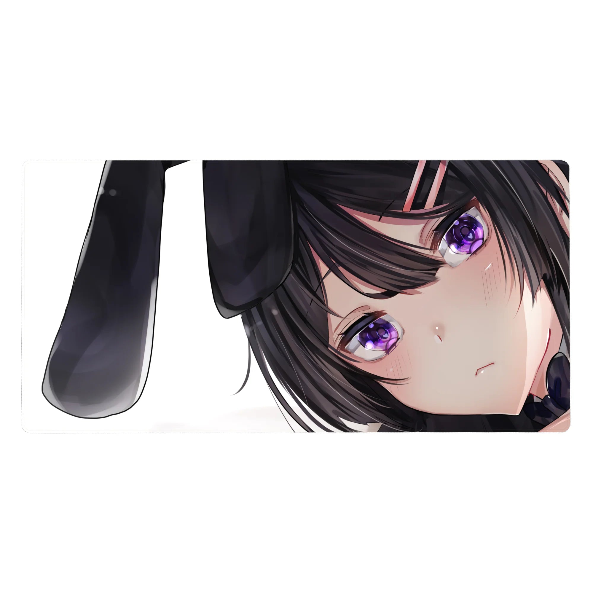 Anime girl desk pad 40x20 inches with dark-haired bunny girl, violet eyes, blush cheeks on white.