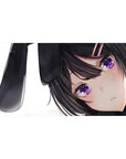 Anime girl desk pad 40x20 inches with dark-haired bunny girl, violet eyes, blush cheeks on white.