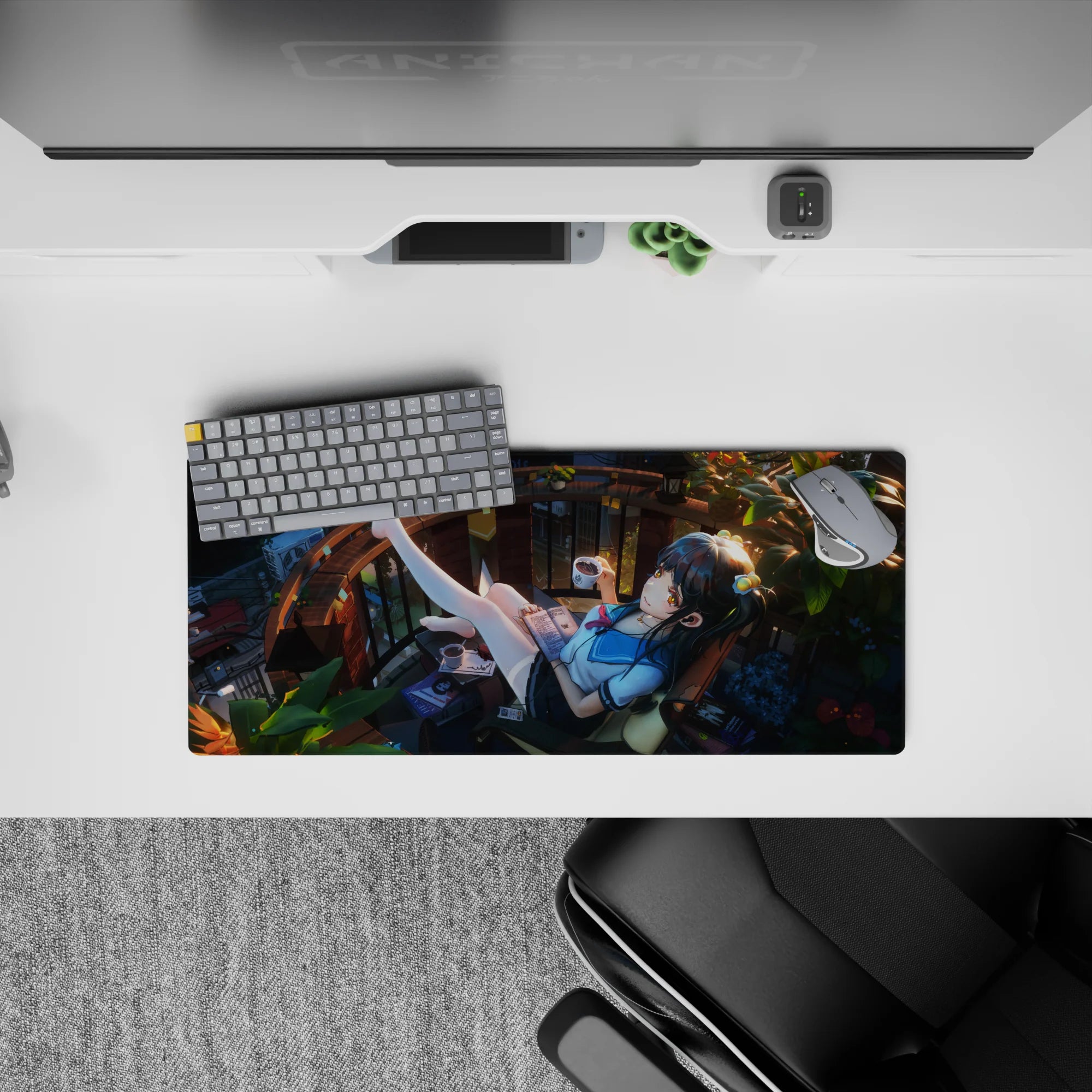 Anime girl mouse pad 28x12 inches in warm amber sunlight, deep teal shadows, calm dreamy desk aesthetic.