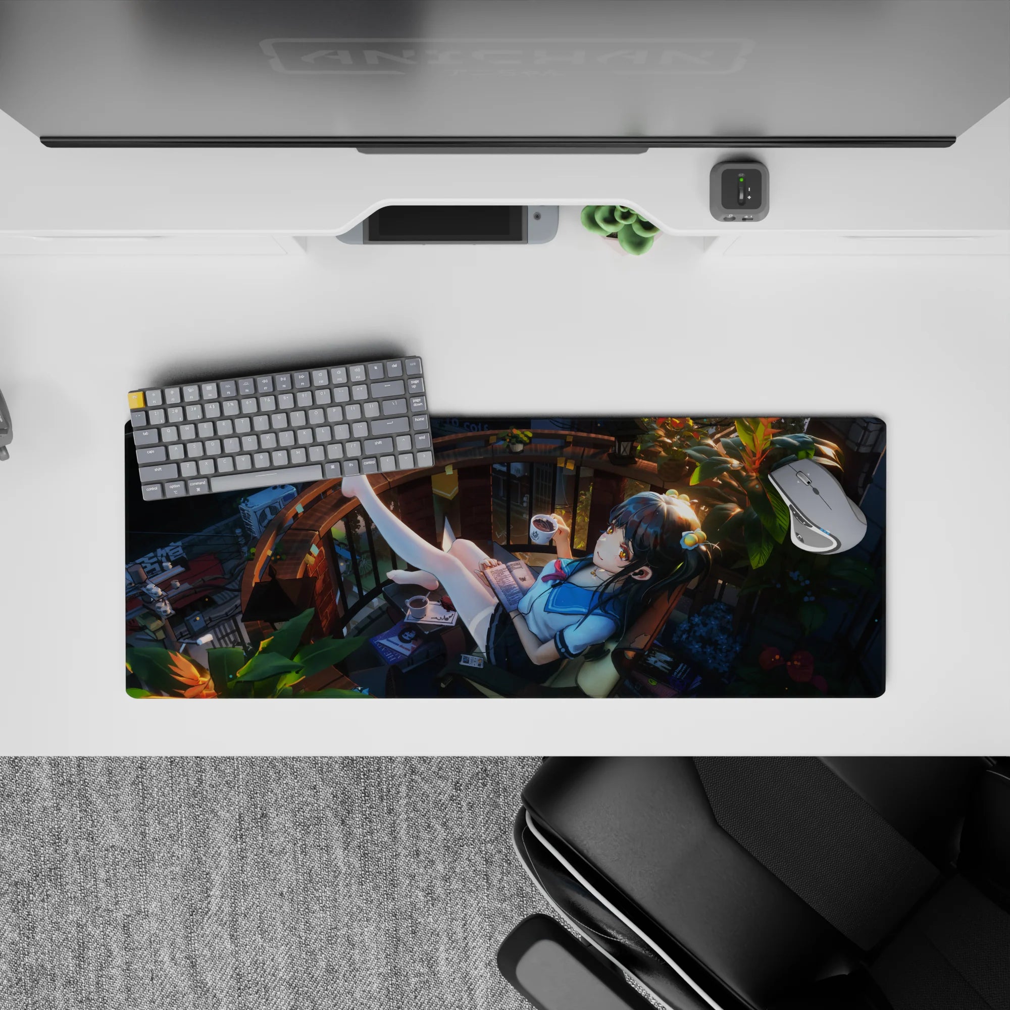 Warm amber sunlight and deep teal shadows anime desk mouse pad, 32x12 inches.