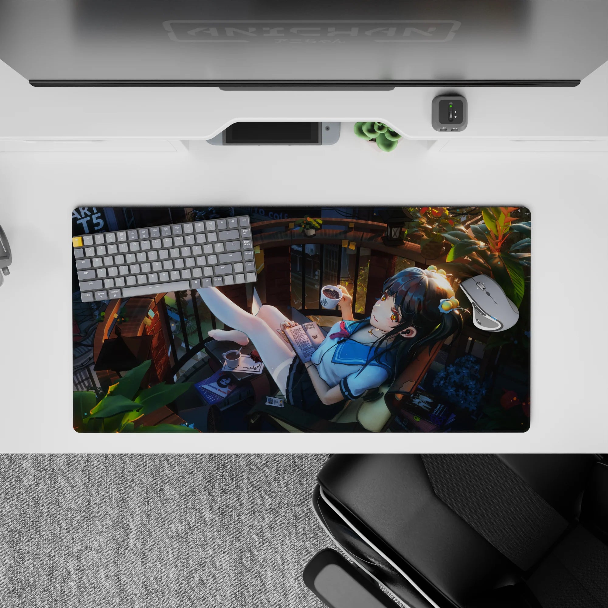 32x16 inches anime girl mouse pad in warm amber light with deep teal shadows, calm cozy dreamy vibe.