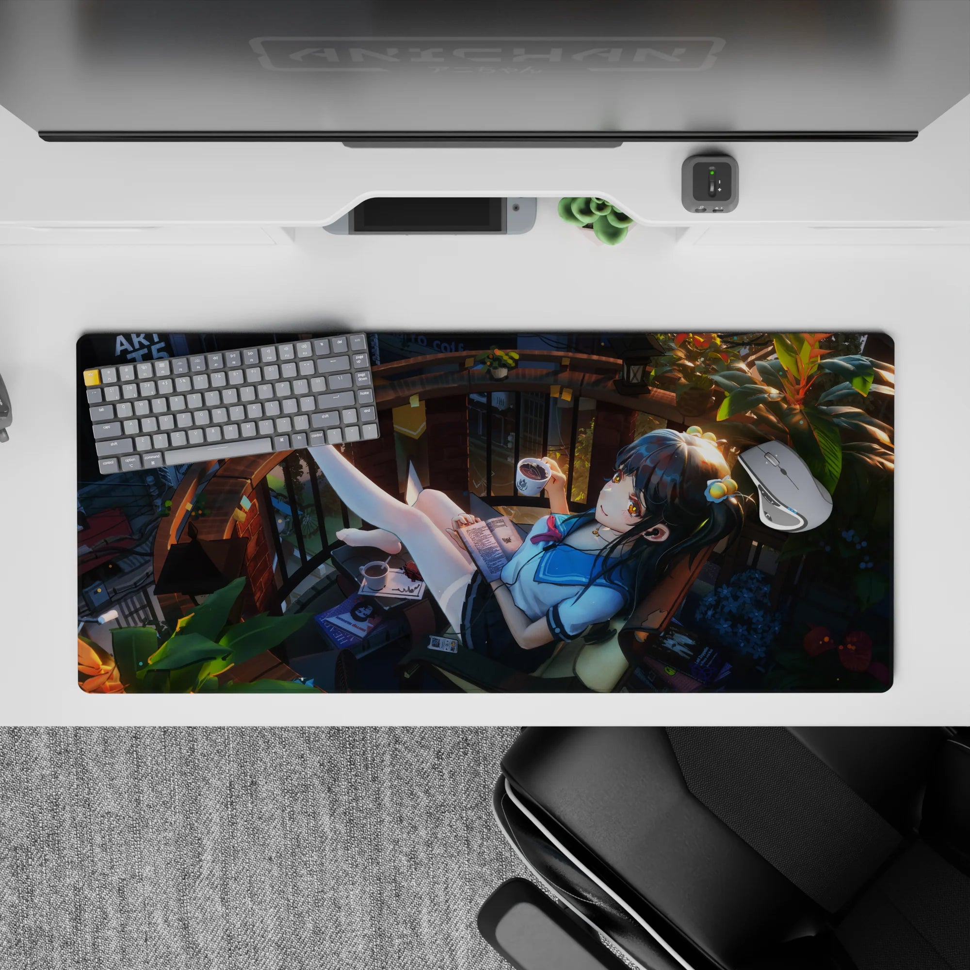 36x16 inches desk pad in warm amber light and deep teal shadows, calming cozy anime aesthetic.