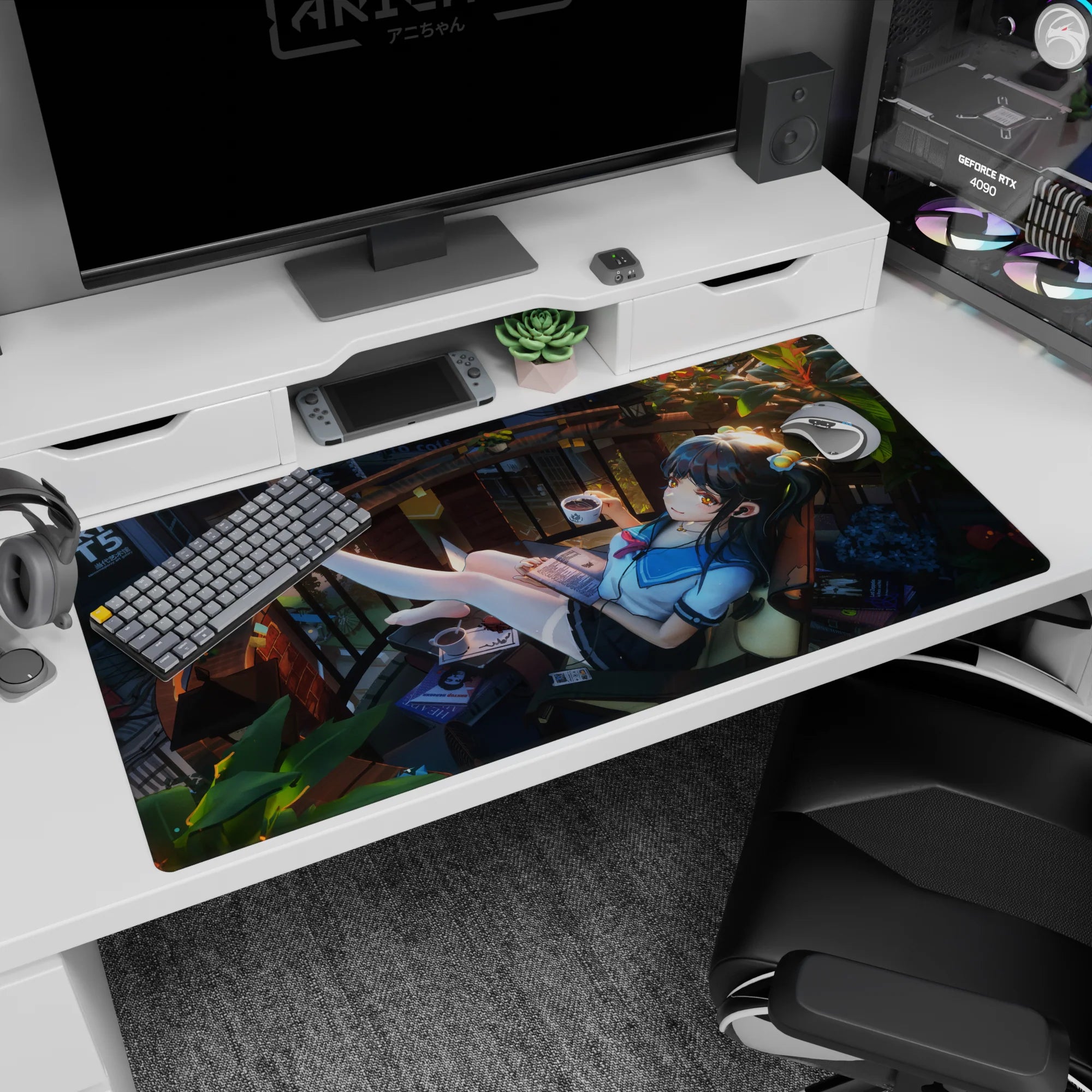 Dark-haired anime girl desk pad 40x20 inches, lounging on a balcony chair reading with coffee.