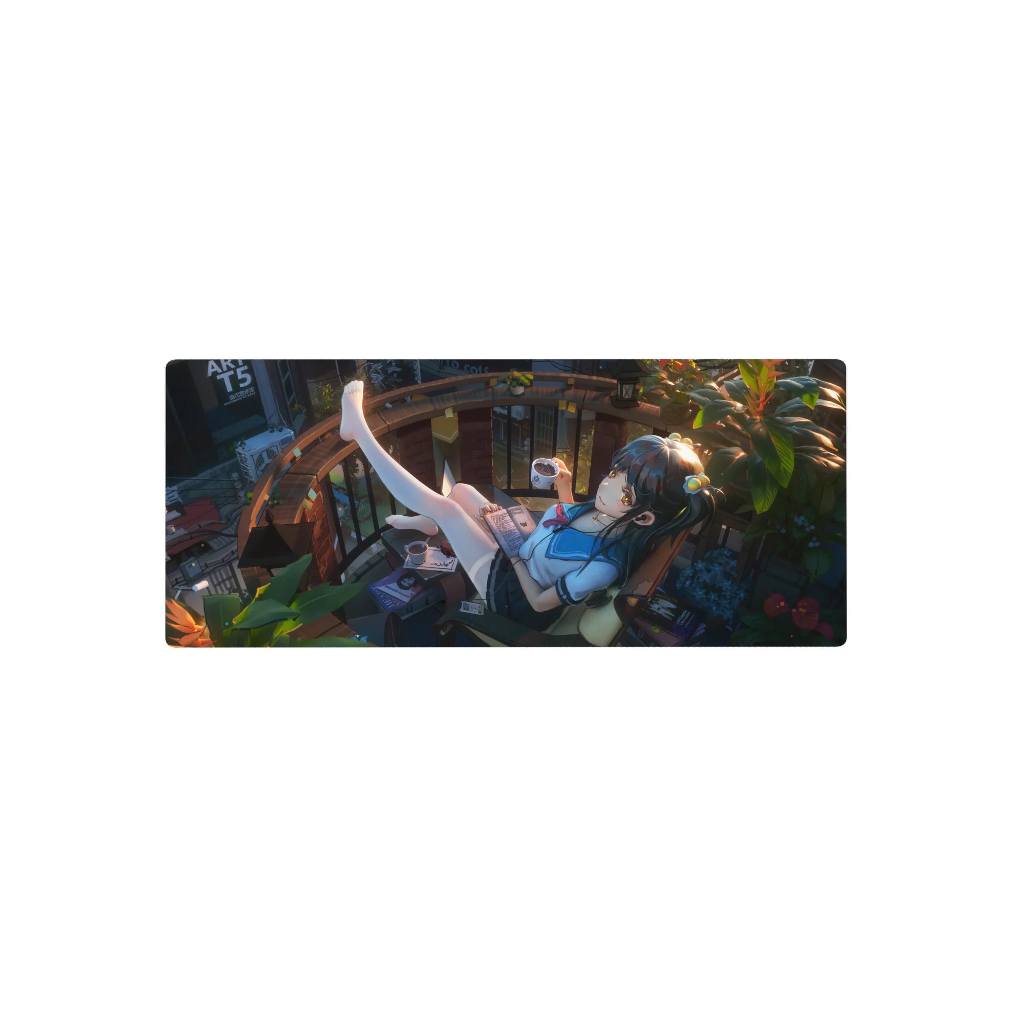 Anime girl mouse pad 28x12 inches, cozy balcony reading scene with coffee, greenery, and brick arches.