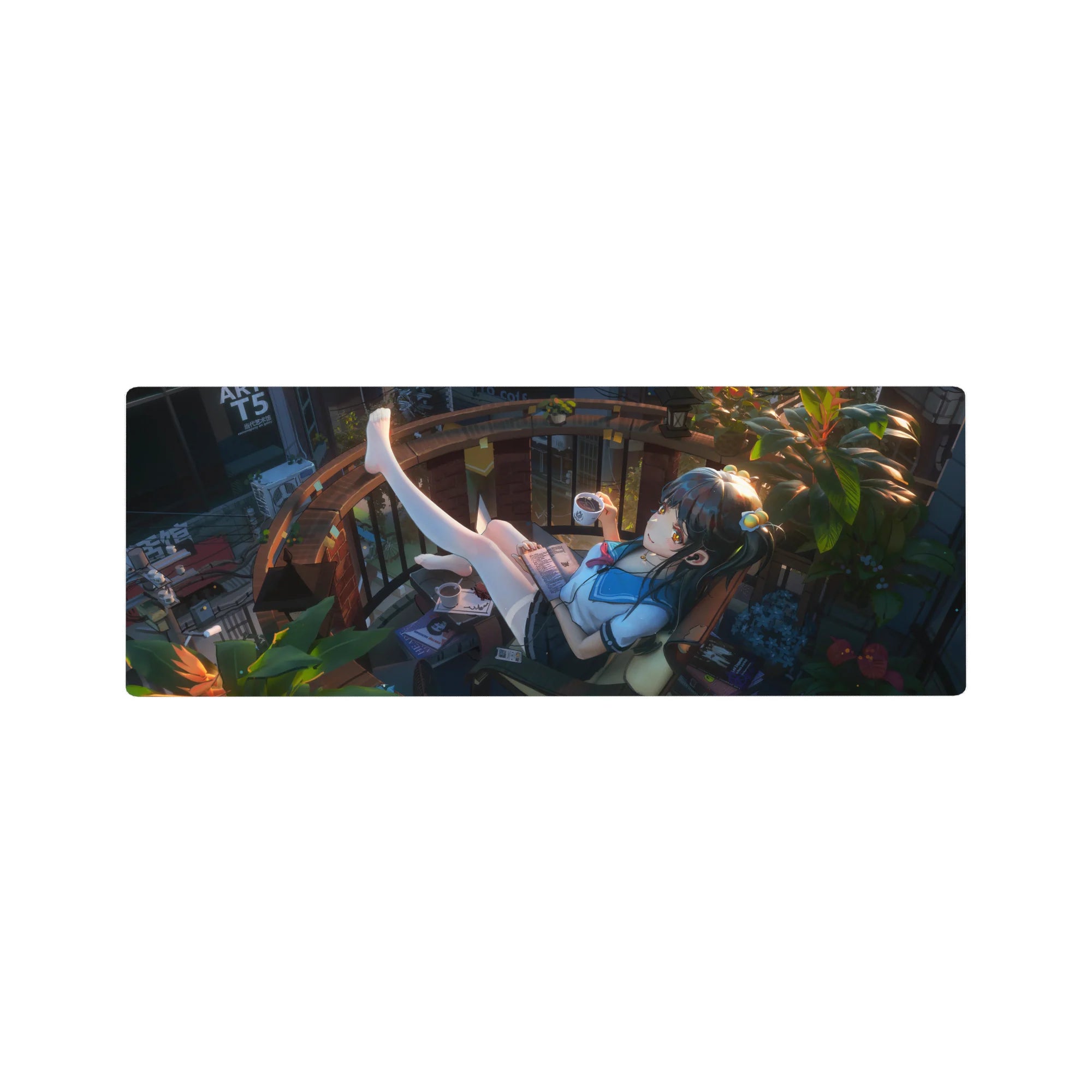 Cozy anime girl balcony reading mouse pad desk mat, 32x12 inches.