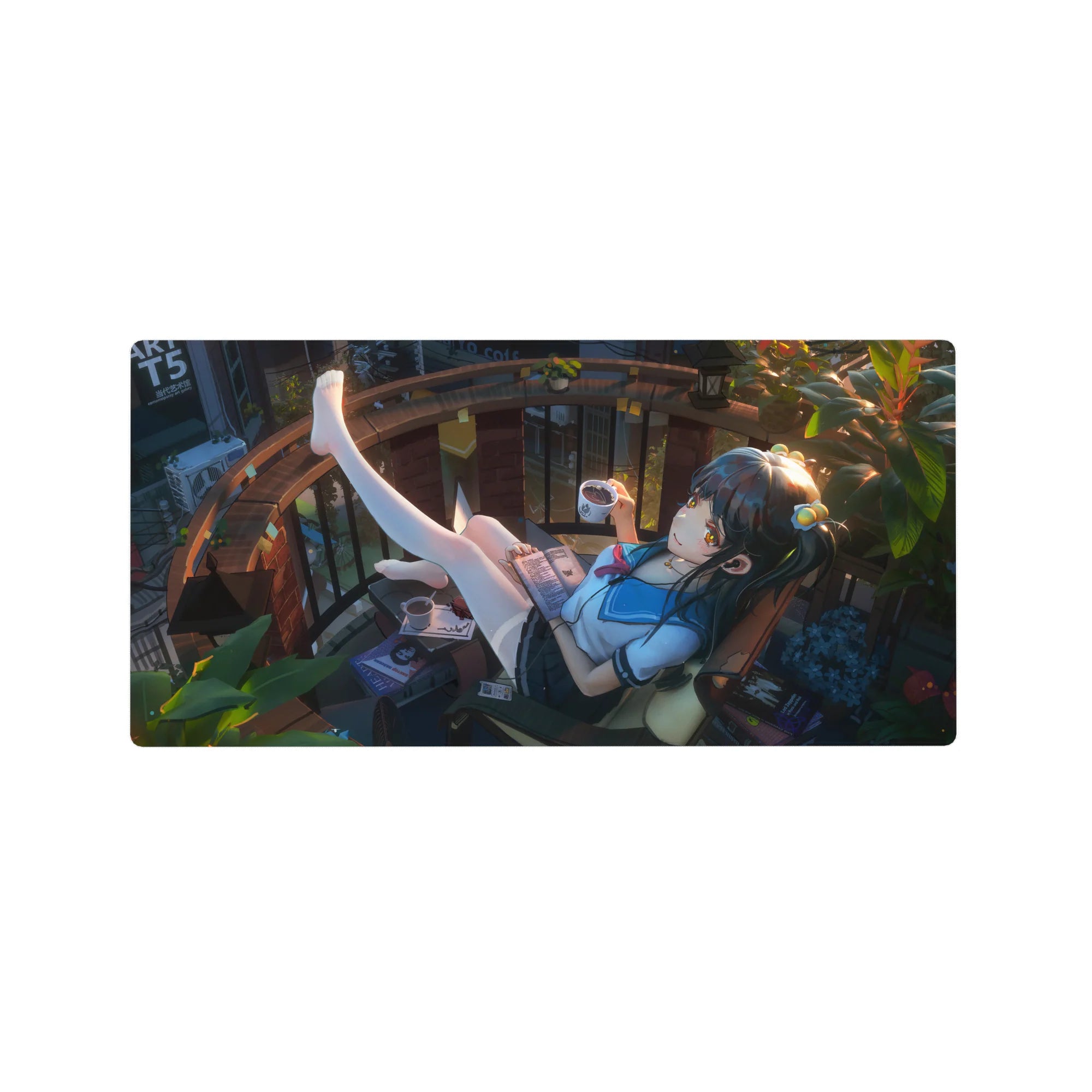 32x16 inches anime girl mouse pad with cozy balcony reader, coffee, brick arch, and leafy sunlight scene.