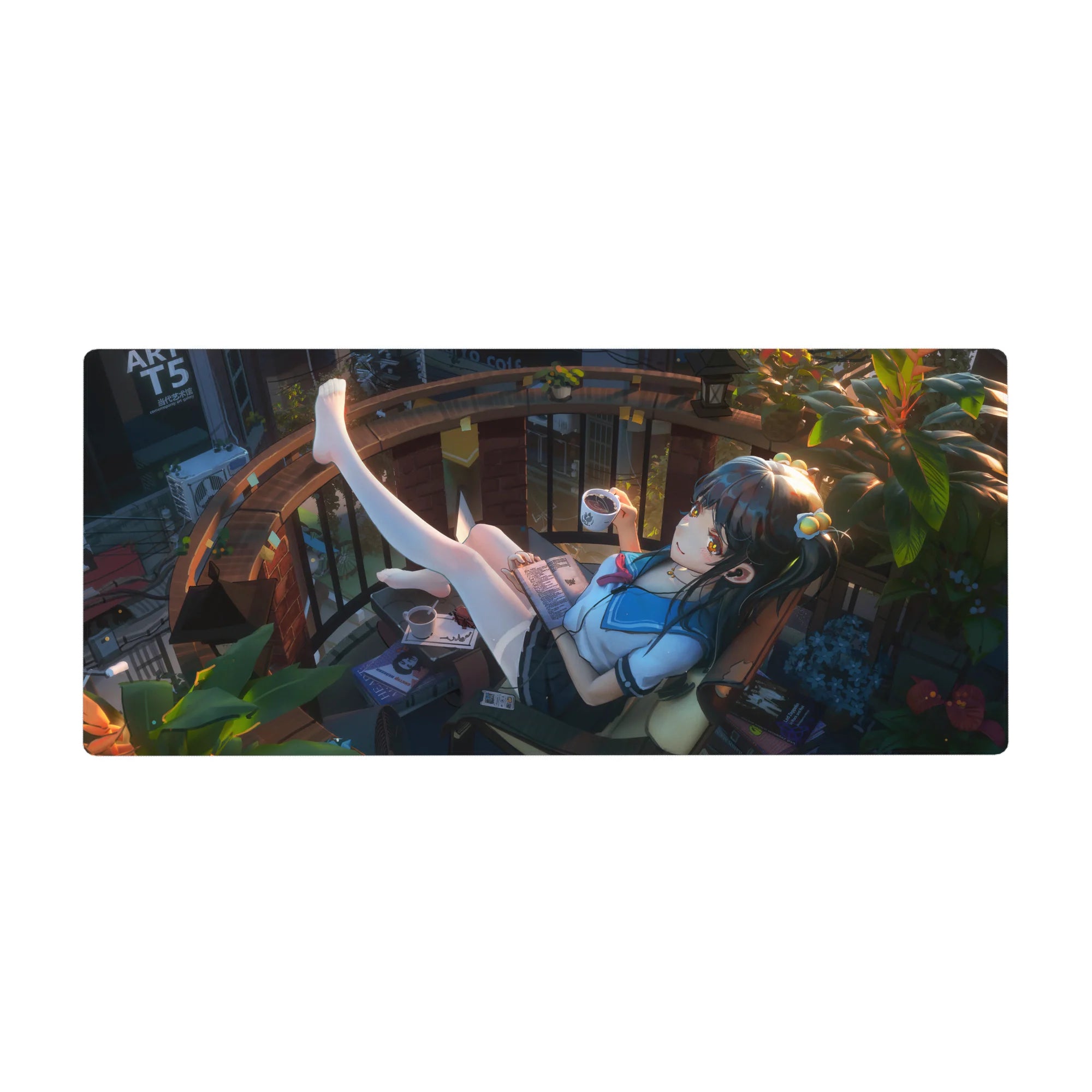 36x16 inches anime girl desk pad with balcony coffee-and-book scene, cozy brick terrace art.