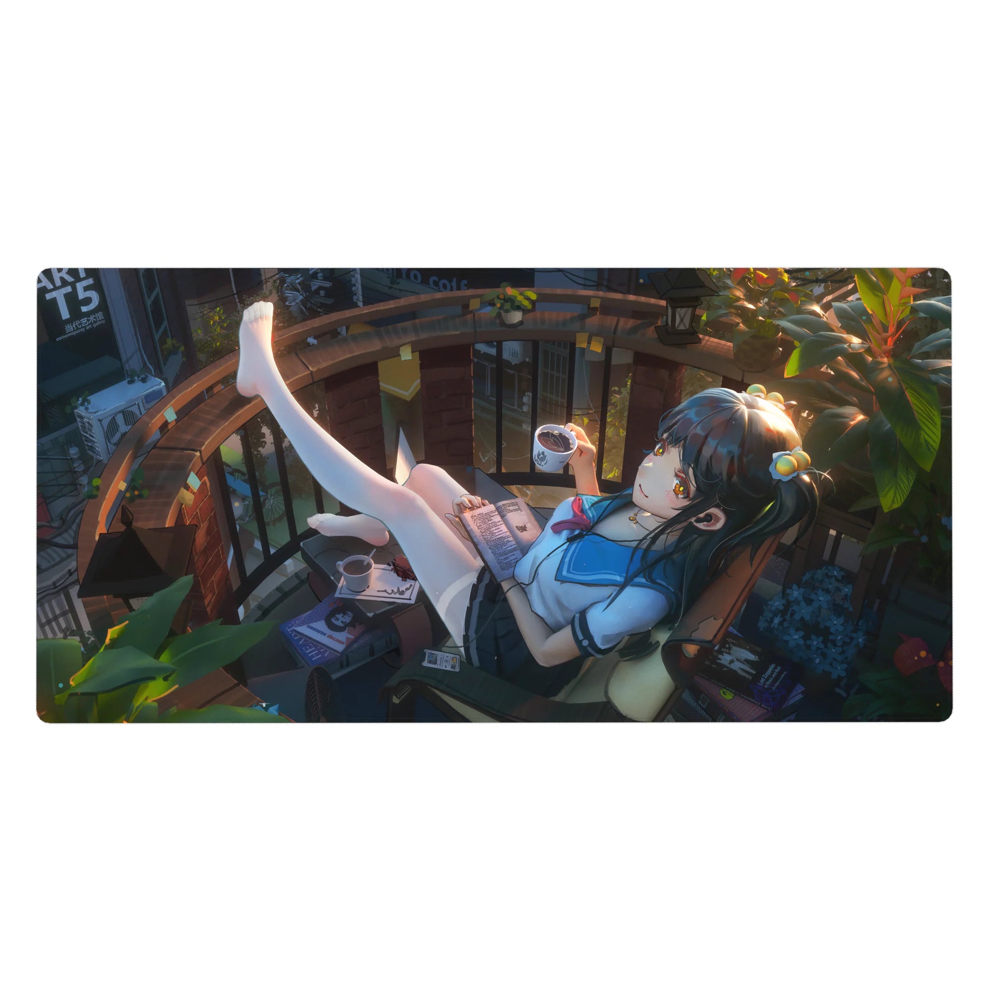 Anime girl desk pad 40x20 inches with balcony café scene, book and coffee, brick arch and leafy light.