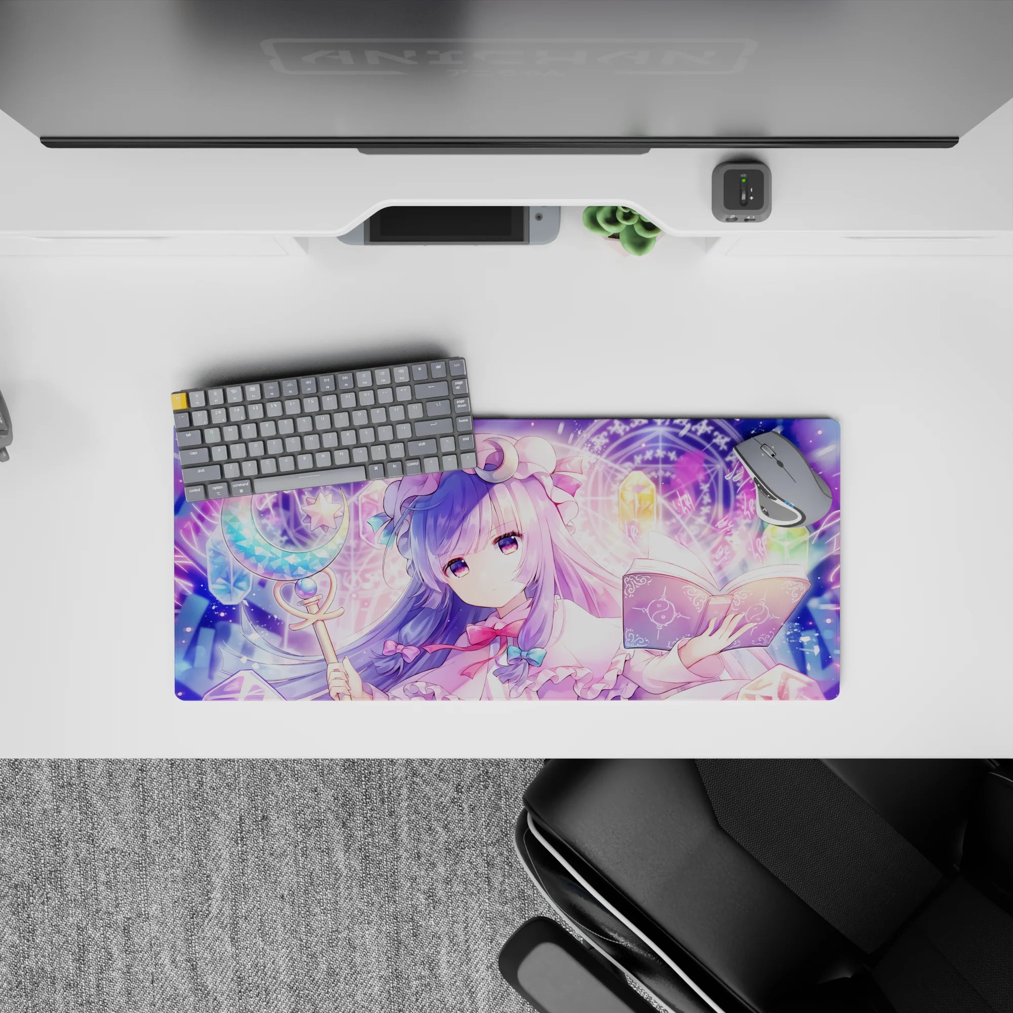 28x12 inches lavender-and-pastel anime mouse pad with candy-glow crystals, pink ribbons, cozy vibe.