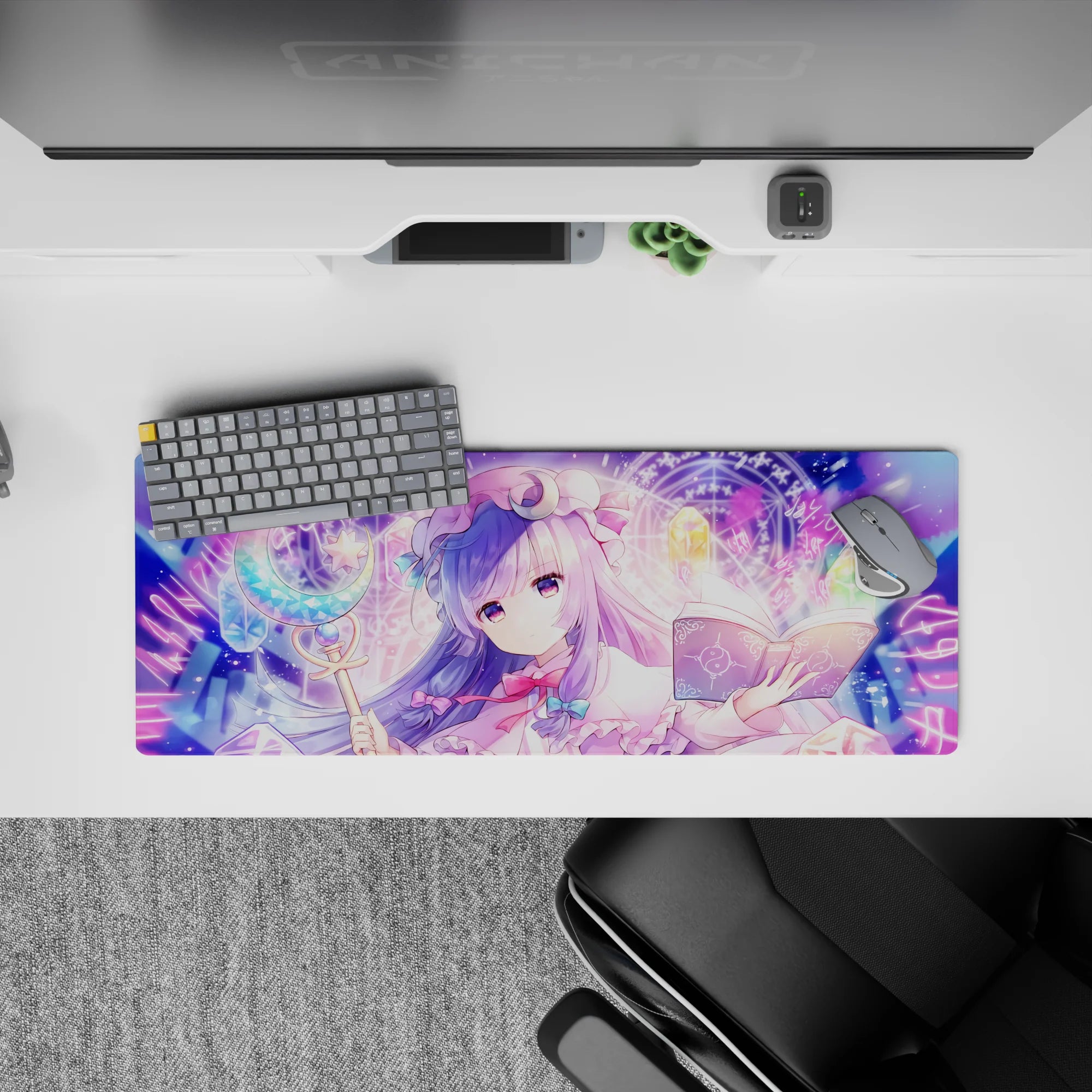 32x12 inches anime desk mat in lavender and candy-crystal tones with dreamy moonlit spell vibes.