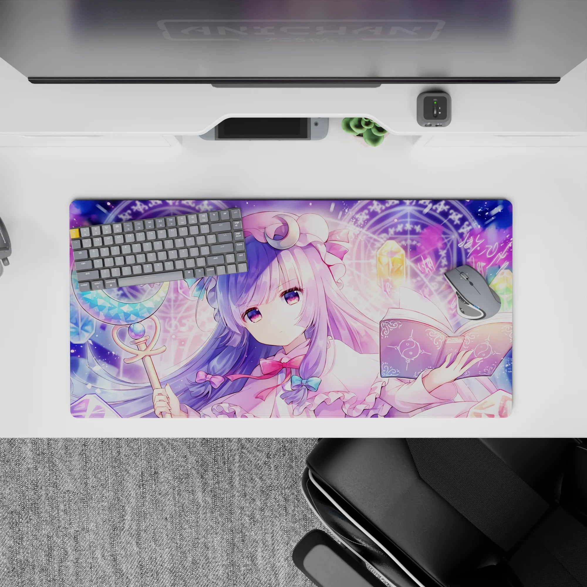 32x16 inches lavender-and-pastel anime mouse pad with dreamy candy glow, pink ribbons, and magic circles.