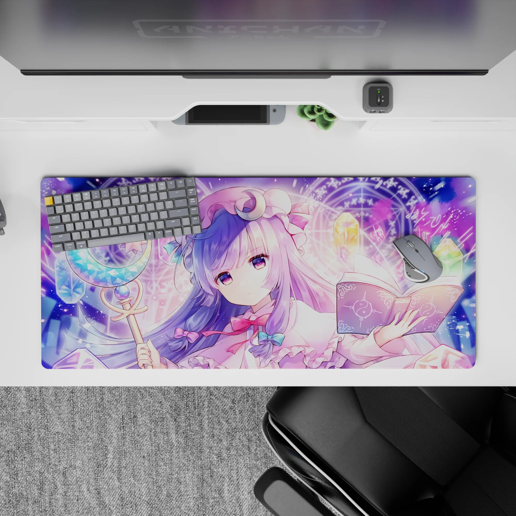 36x16 inches lavender-haired anime desk pad in dreamy pastel neon, cozy bookish vibes and magical light.
