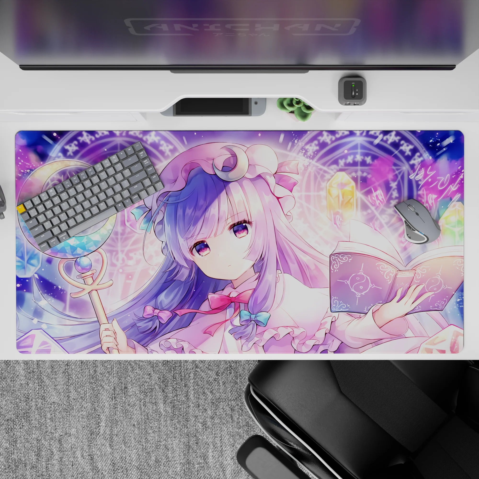 40x20 inches lavender and candy-glow desk pad, pink ribbons and crystal tones in a cozy magical vibe.