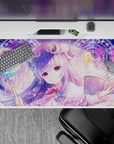 40x20 inches lavender and candy-glow desk pad, pink ribbons and crystal tones in a cozy magical vibe.