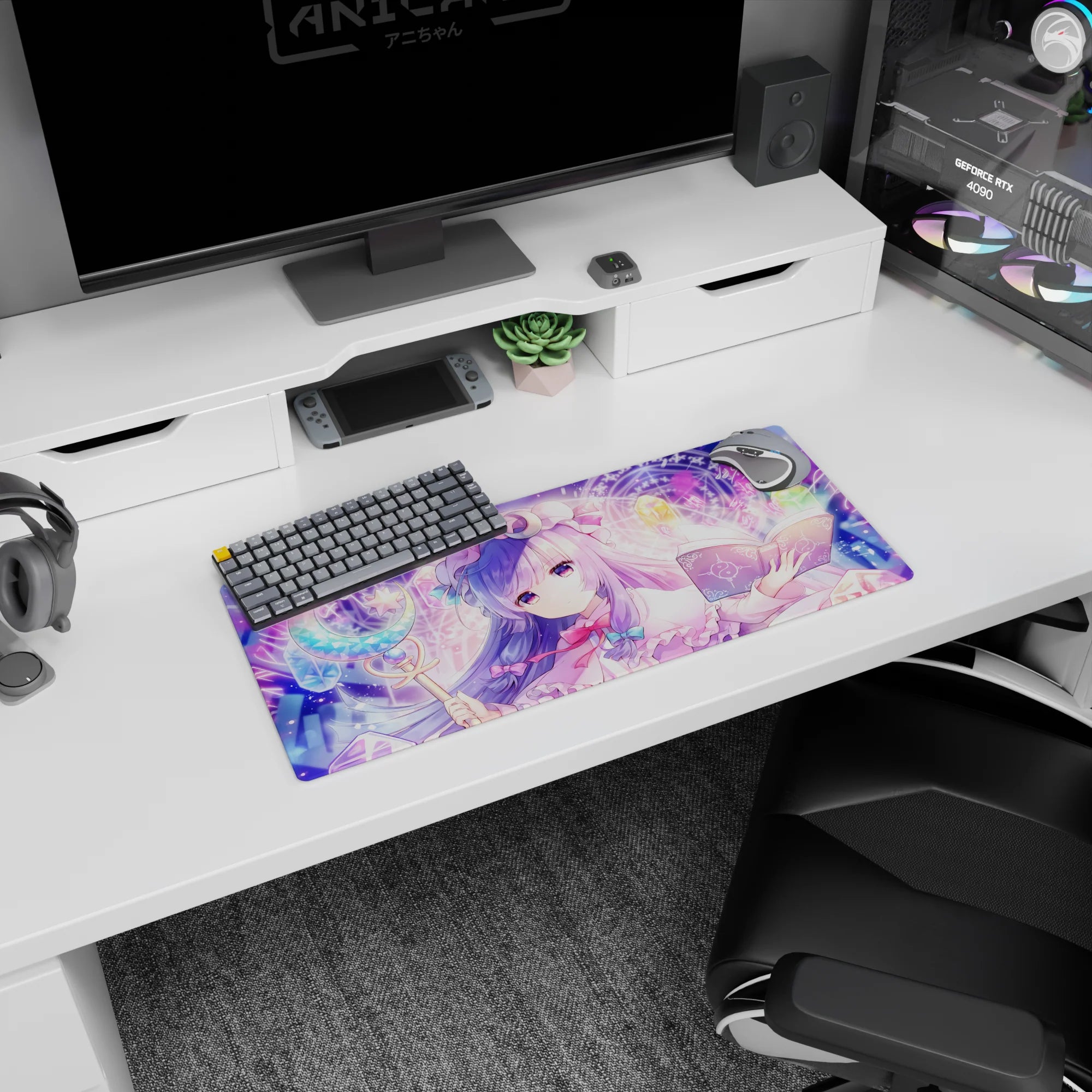 28x12 inches Touhou Patchouli Knowledge mouse pad, bookish witch holding a moon-tipped staff over a grimoire.