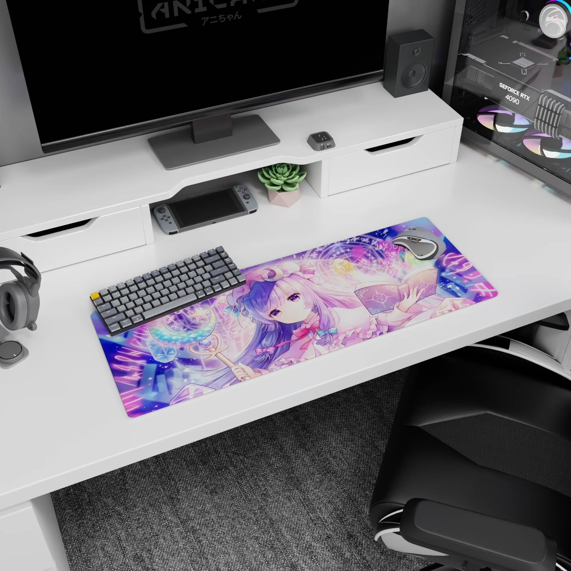 32x12 inches Touhou Patchouli Knowledge mouse pad, bookish mage holding moon-tipped staff over grimoire.