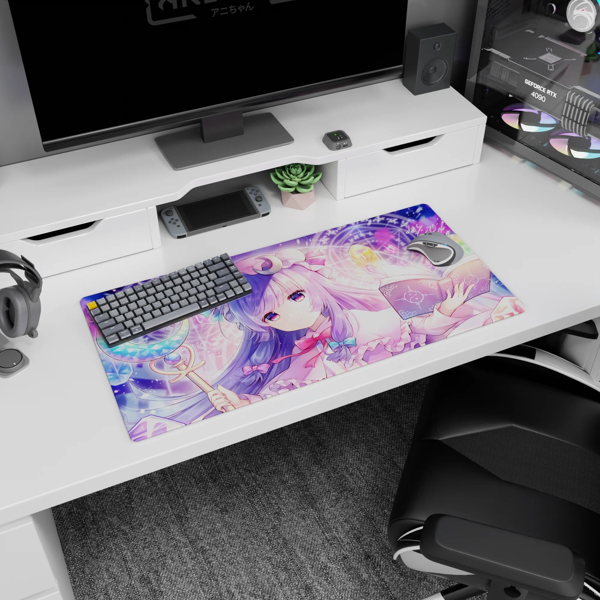 32x16 inches Touhou Project mouse pad featuring Patchouli Knowledge reading a grimoire with moon staff.