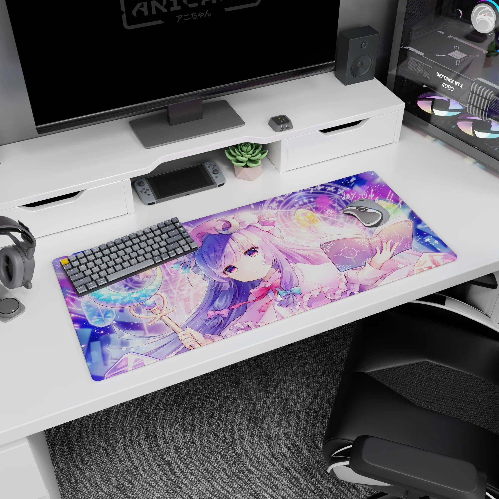 36x16 inches Touhou Patchouli Knowledge desk pad holding a moon staff over an open grimoire.