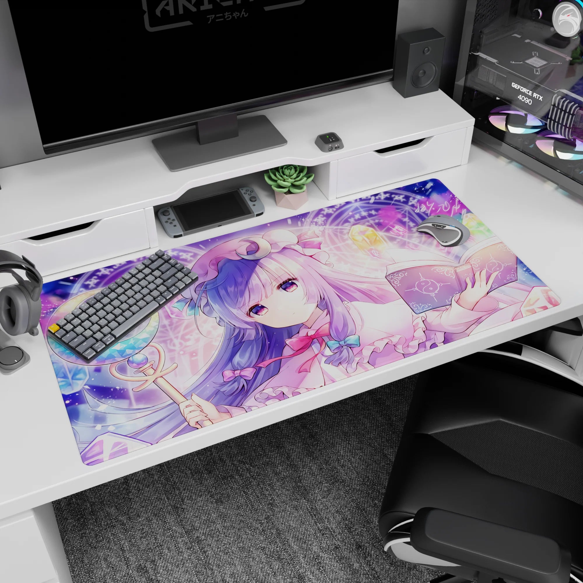 40x20 inches Touhou Patchouli Knowledge desk pad, bookish mage holding a staff beside an open spellbook.