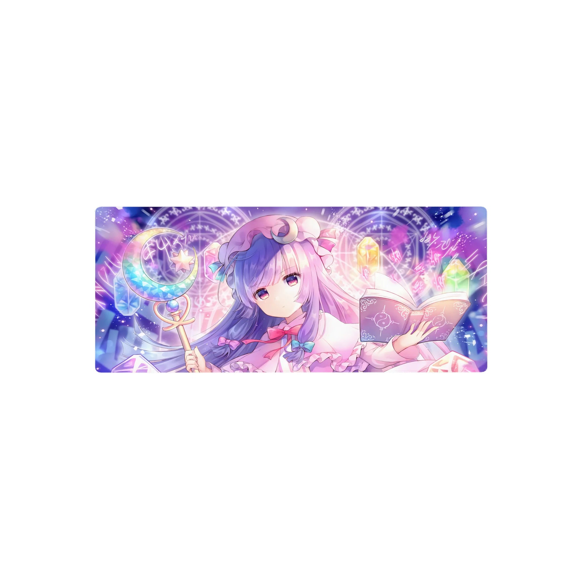 28x12 inches anime girl mouse pad with mage, open grimoire, moon staff, runes and dreamy circles.