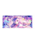 28x12 inches anime girl mouse pad with mage, open grimoire, moon staff, runes and dreamy circles.
