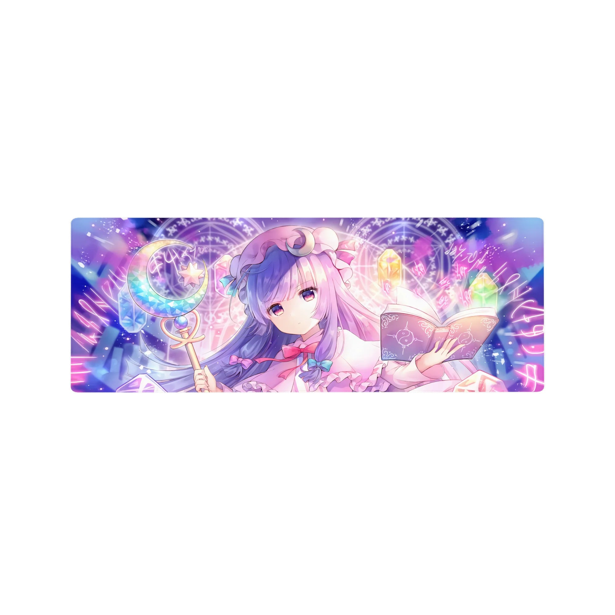 32x12 inches anime girl mouse pad with magical circles, runes, crystal glow, and open grimoire desk mat.