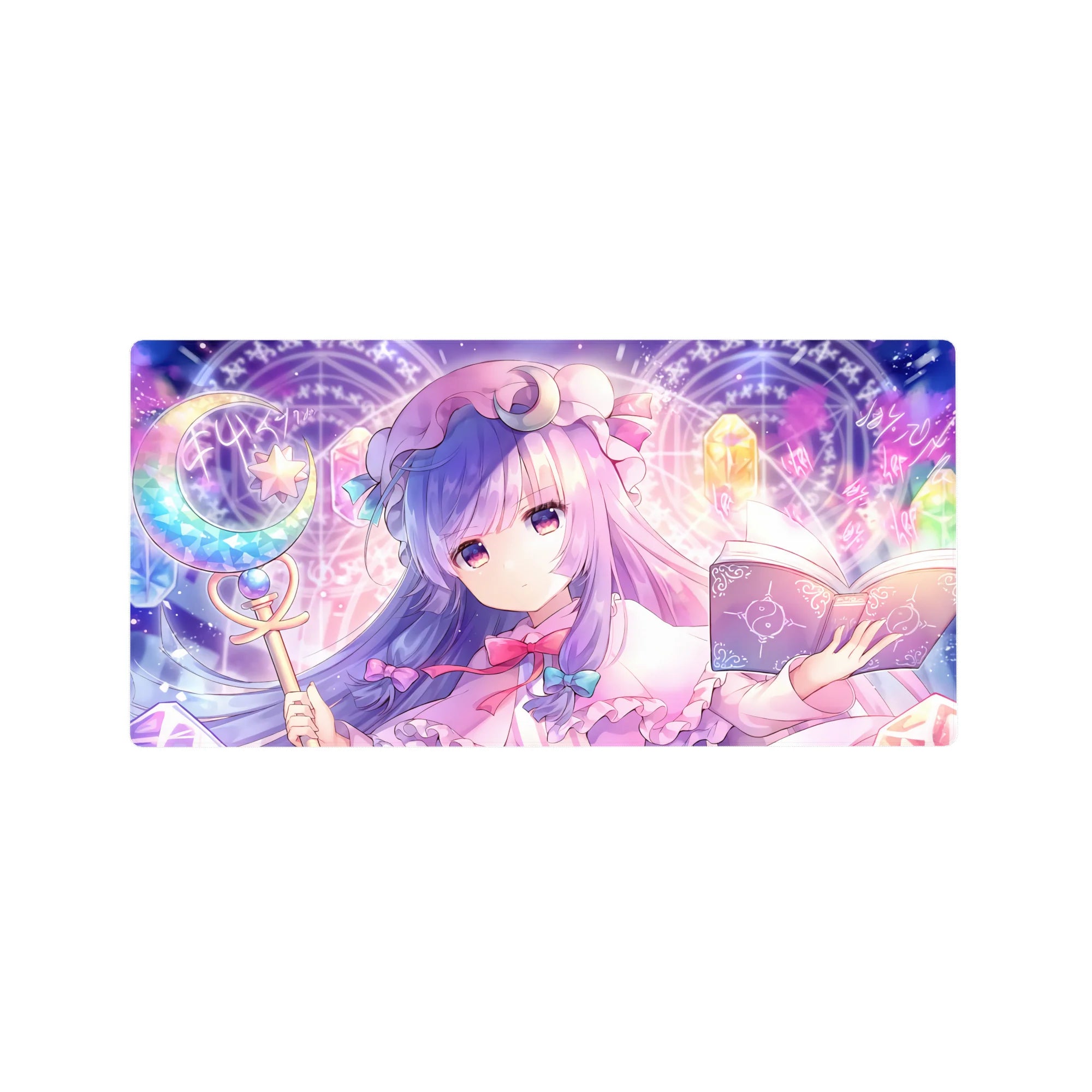 32x16 inches anime girl mouse pad with wizard librarian, runes, crystals, and open grimoire design.