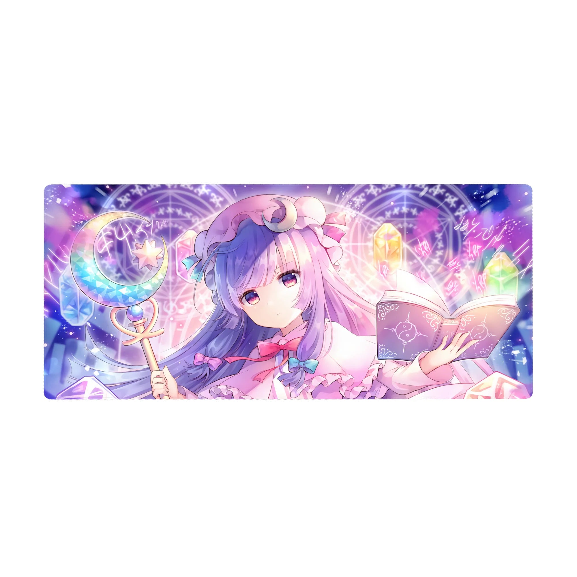 36x16 inches anime girl desk pad with Patchouli-inspired mage, runes, circles, and crystal candy glow.