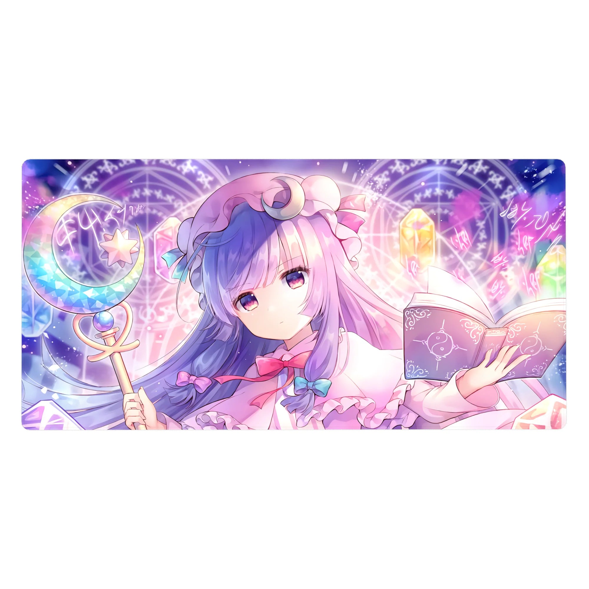 40x20 inches anime girl desk pad with moon staff, runes, dreamy circles, and open grimoire art.