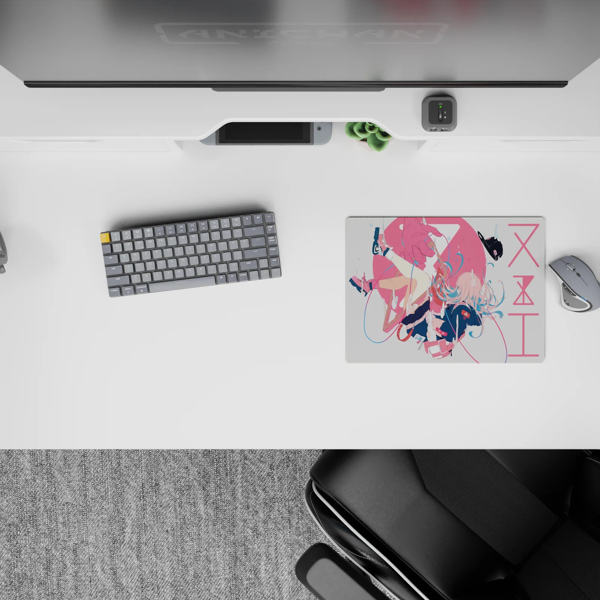Pink and white anime girl mouse pad 14x10 inches with dreamy freefall vibe and blue accent pops.