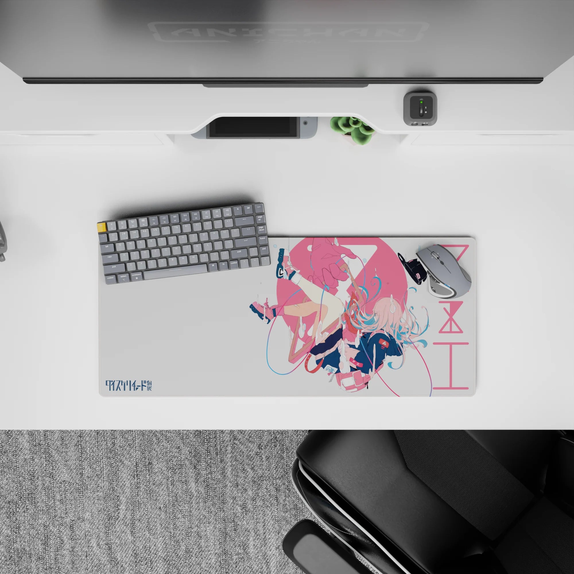 28x12 inches anime girl mouse pad in pink and white with dreamy cozy sci-fi vibes and crisp cute artwork.