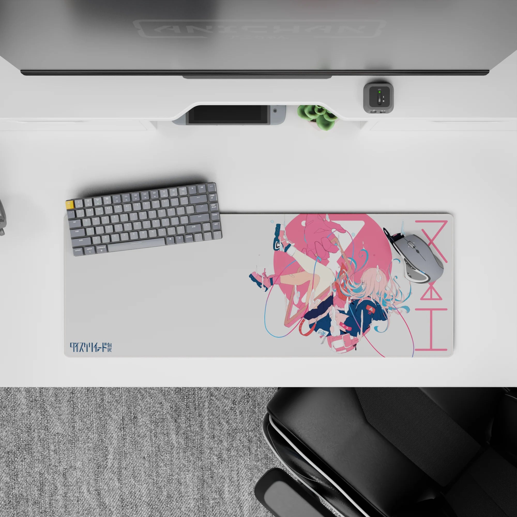 32x12 inches desk mouse pad in pink and white splashes, dreamy cozy sci-fi vibe with crisp anime art.