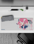 32x12 inches desk mouse pad in pink and white splashes, dreamy cozy sci-fi vibe with crisp anime art.