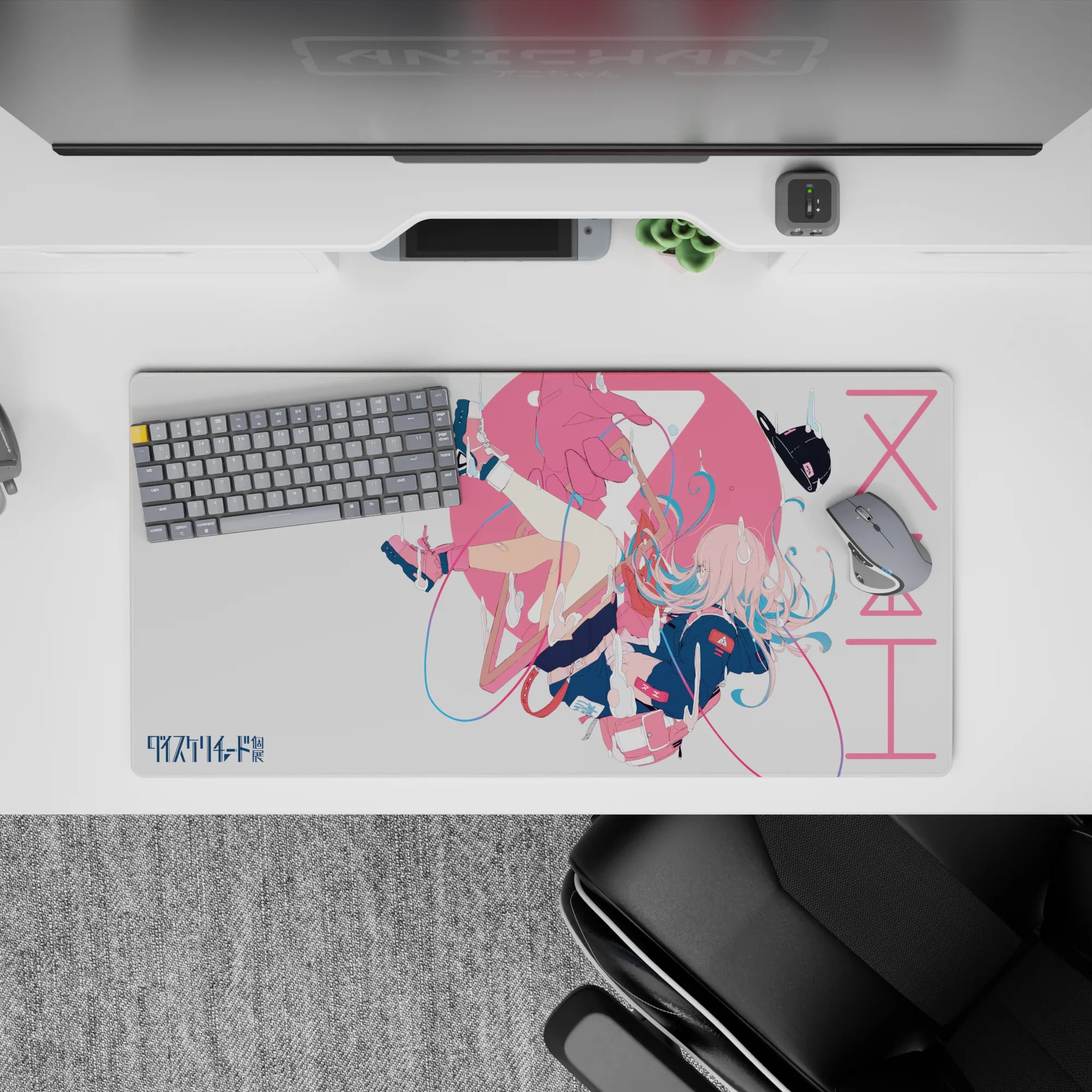32x16 inches anime desk mouse pad in dreamy pink and white splashes with cozy sci-fi vibe and crisp print.