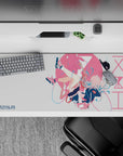 36x16 inches desk pad in pink and white splashes with blue accents, cozy playful anime vibe.