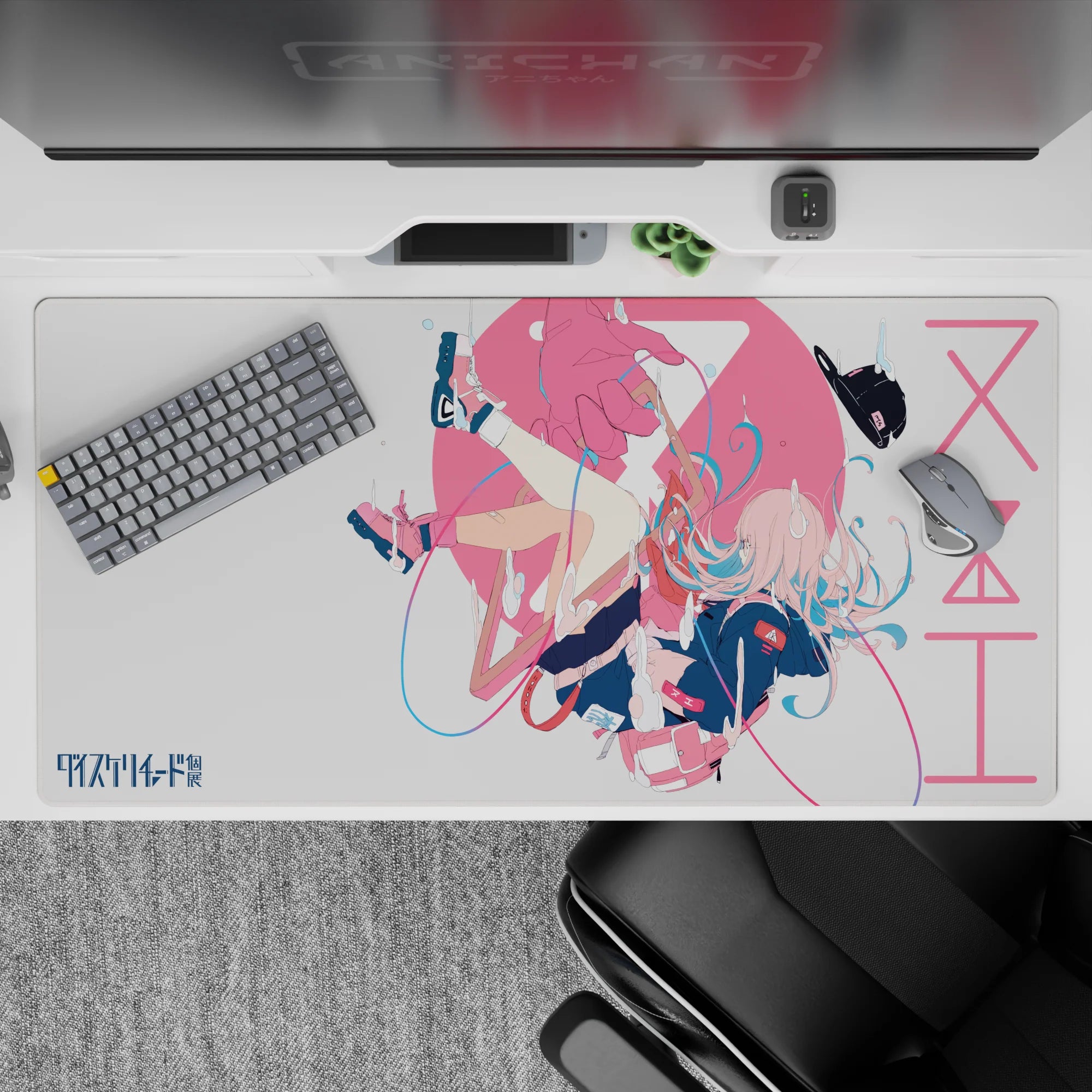 40x20 inches anime girl desk pad in pink and white splashes, cozy dreamy sci-fi vibe, crisp print.