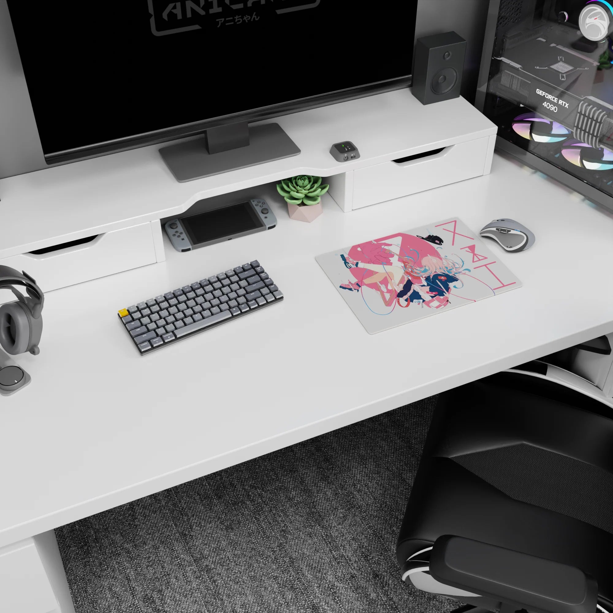 Zero Two from Darling in the Franxx on a 14x10 inches anime mouse pad, drifting midair in cute style.