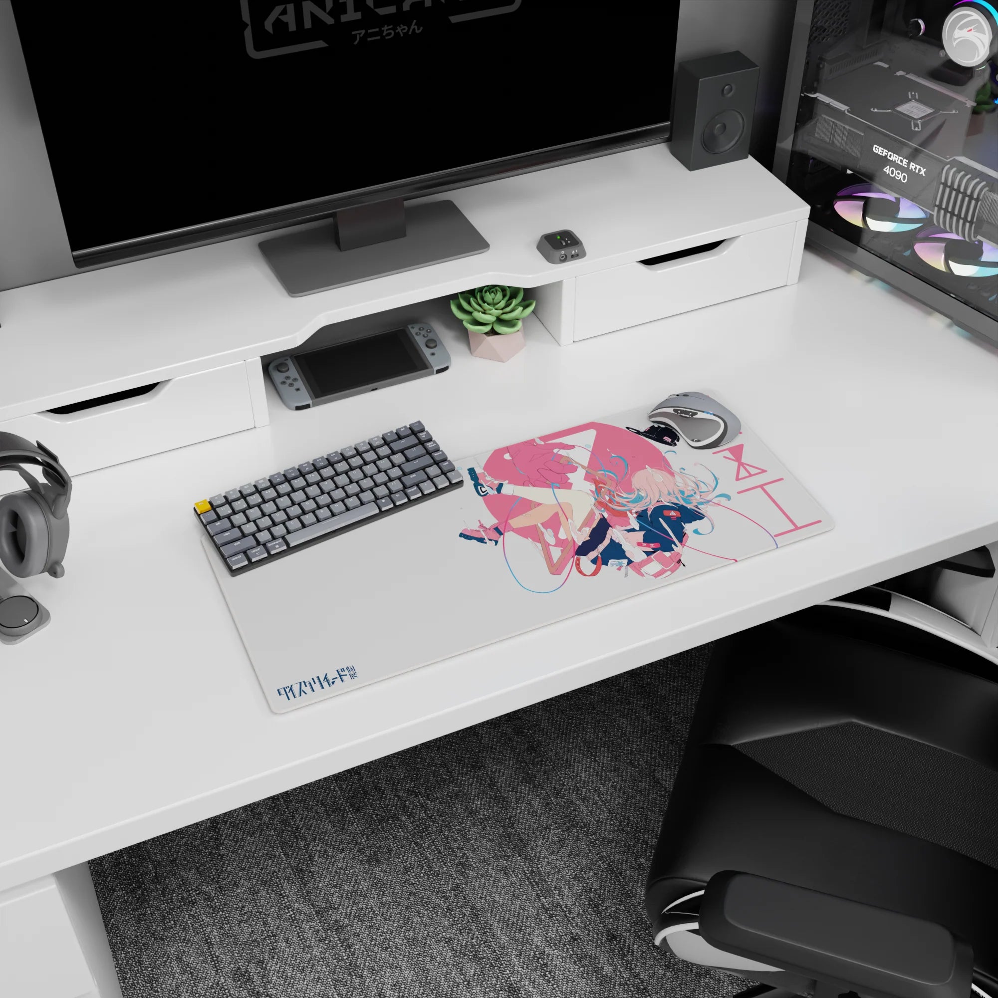 28x12 inches Darling in the Franxx mouse pad featuring Zero Two drifting in midair with ribbon loops.