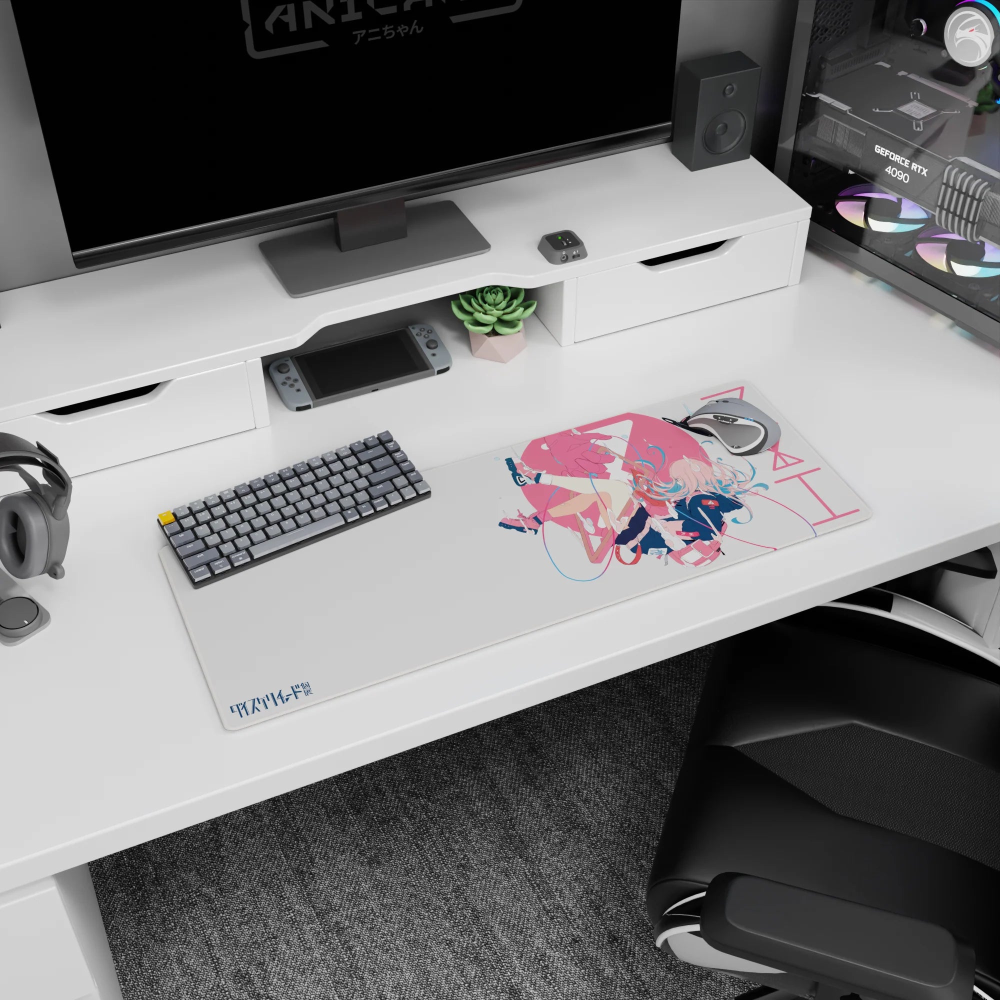 32x12 inches Darling in the Franxx Zero Two mouse pad, floating midair with ribbon loops and candy-red shoes.