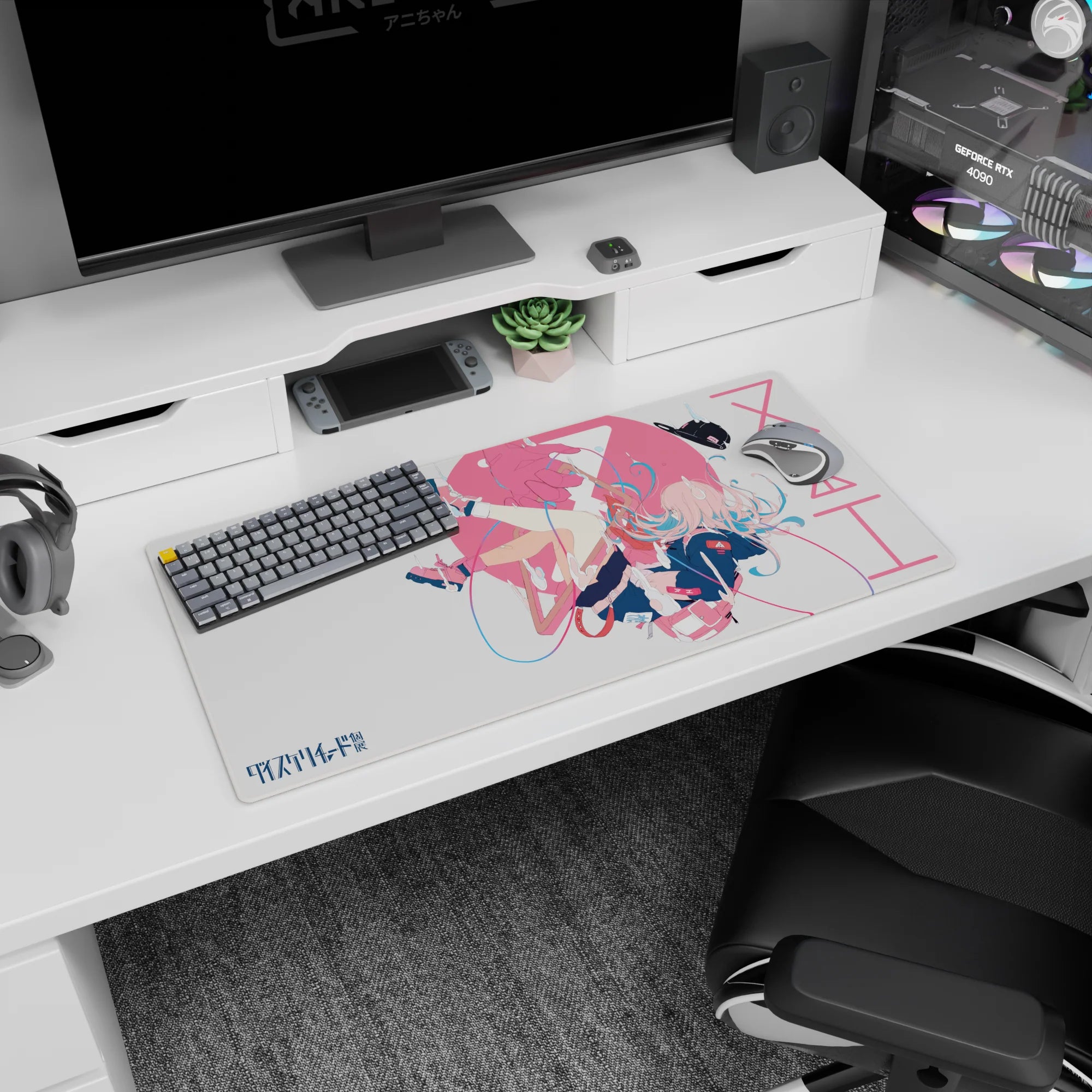 32x16 inches Zero Two Darling in the Franxx mouse pad, floating midair with ribbon loops and candy-red shoes.