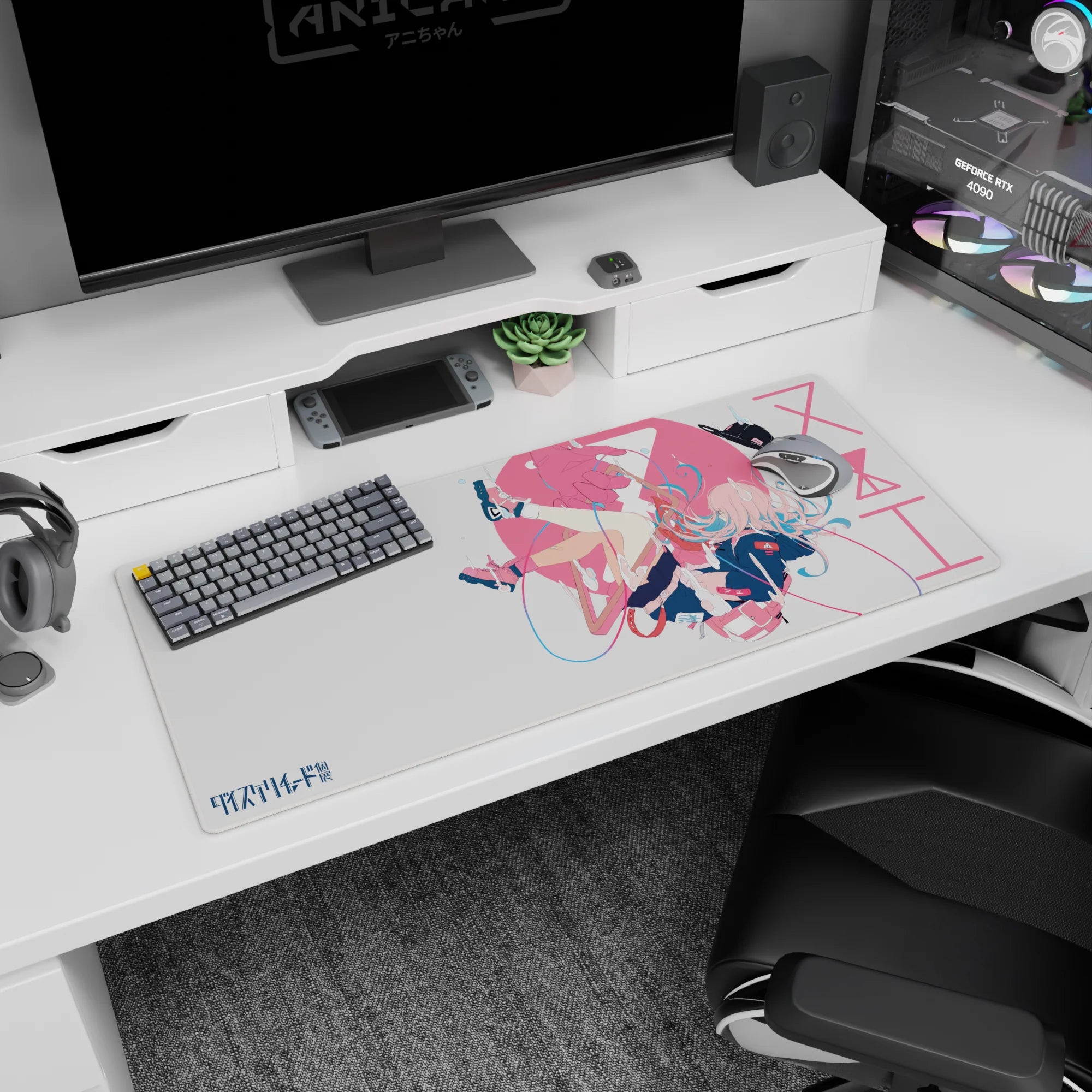 36x16 inches Darling in the Franxx Zero Two desk pad, floating midair with candy-red shoes.