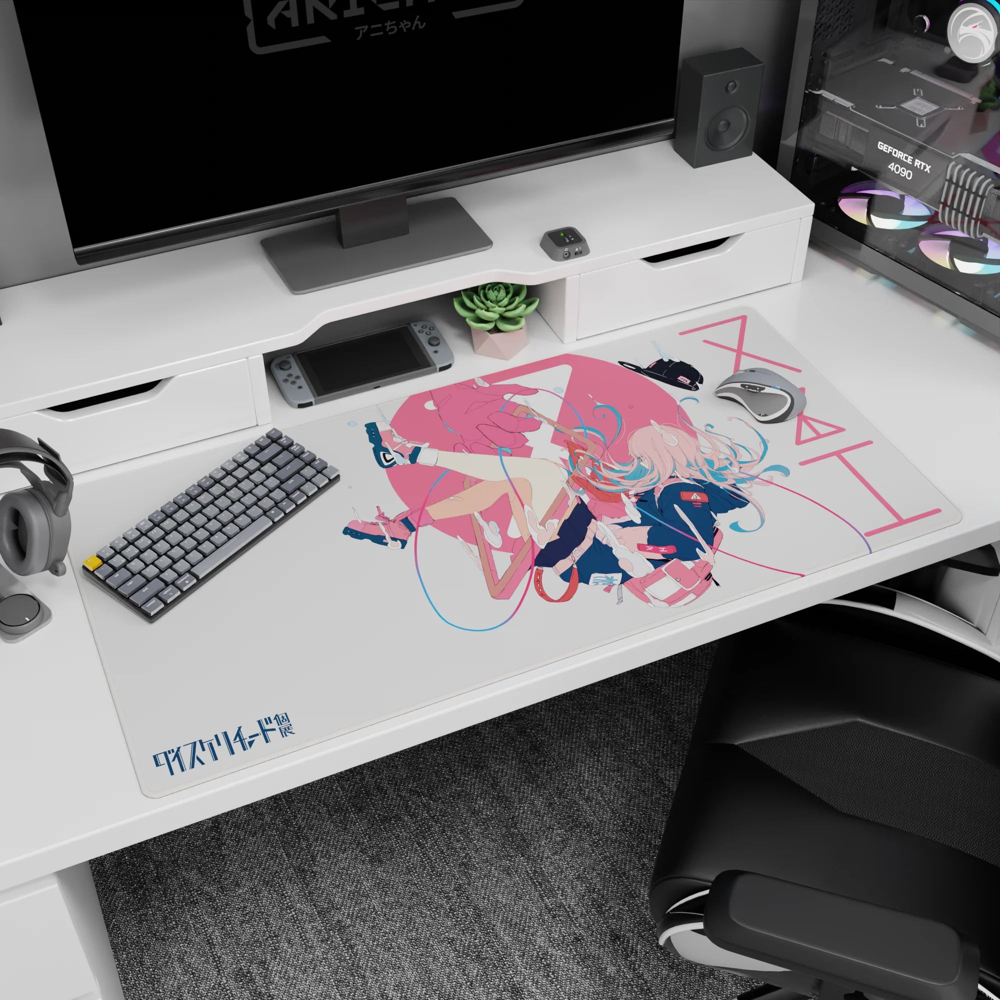 40x20 inches Zero Two Darling in the Franxx desk pad, floating pose with candy-red shoes and playful look.