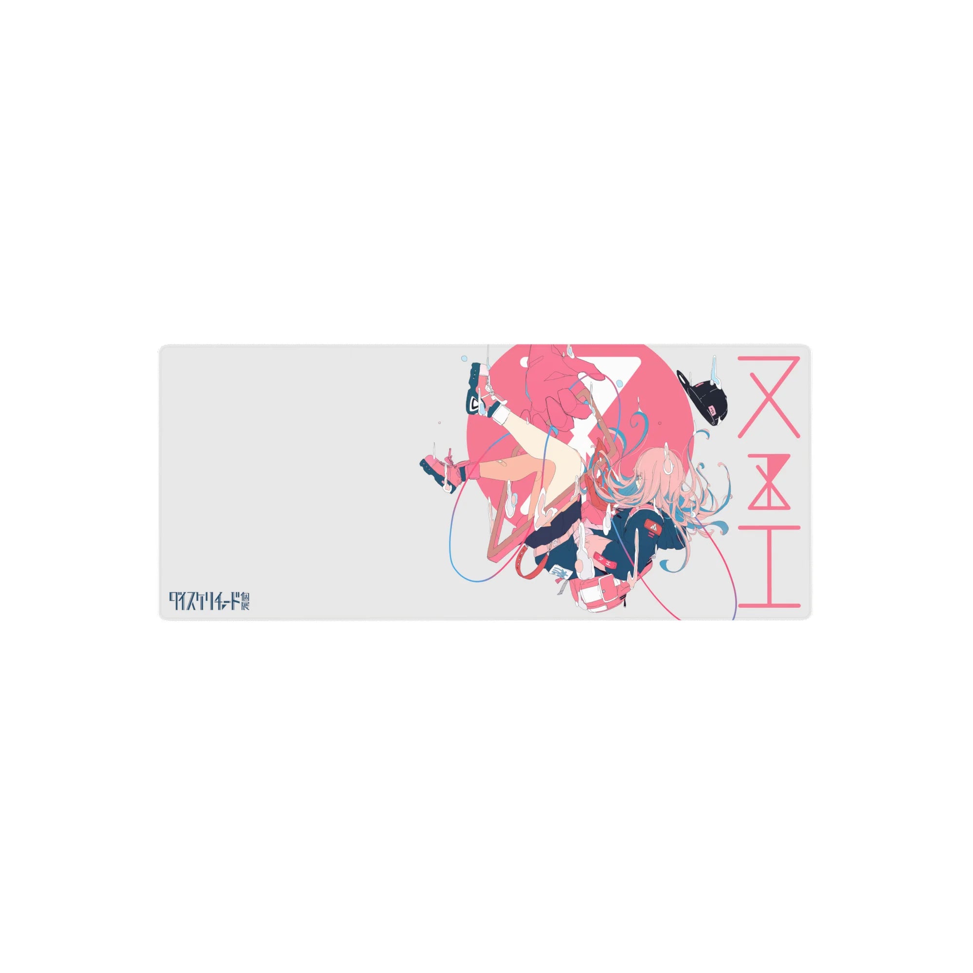 28x12 inches anime girl mouse pad with Zero Two freefall design, ribbons, blue accents, and red shoes.