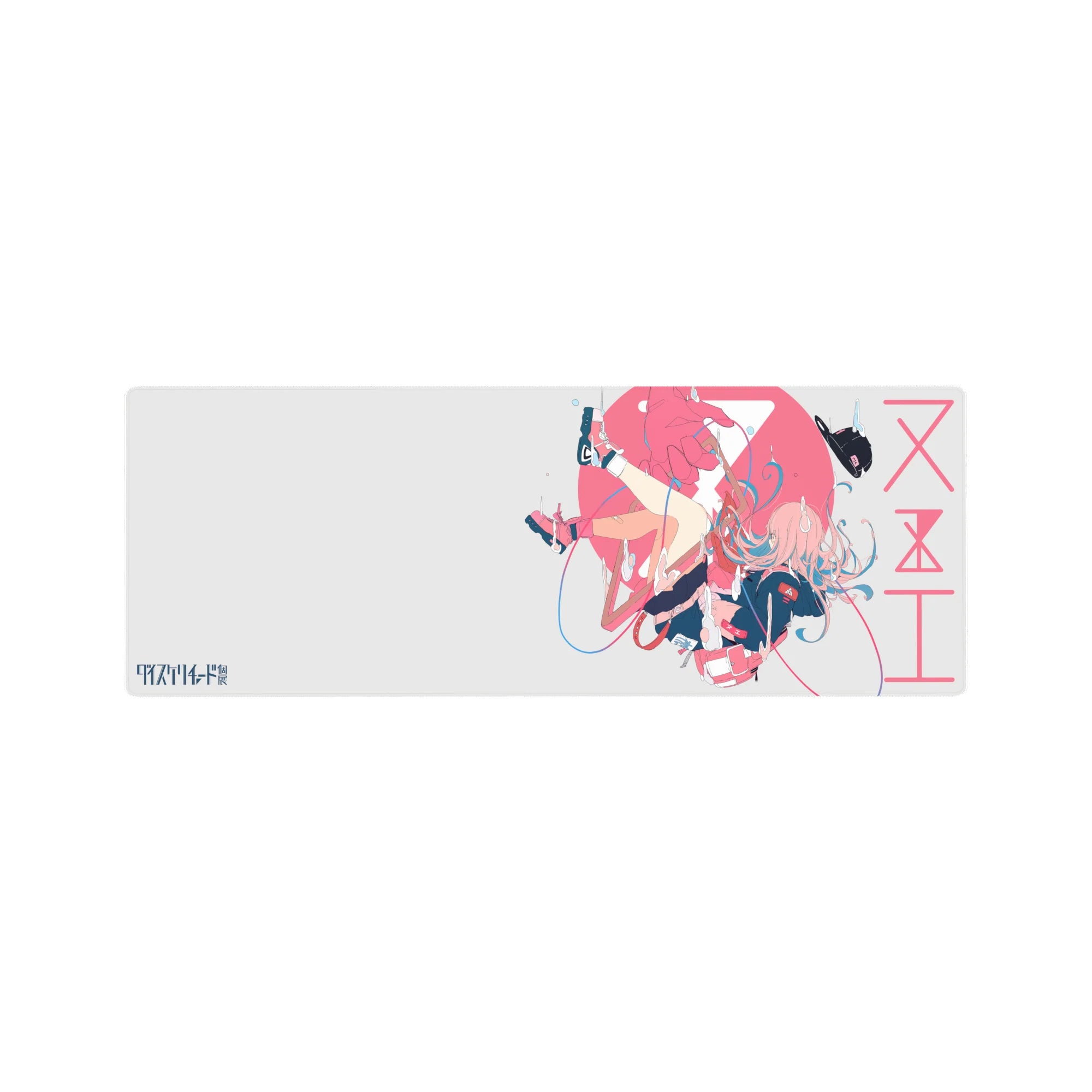 32x12 inches anime girl mouse pad with Zero Two freefall art, ribbons, blue accents, and red shoes.