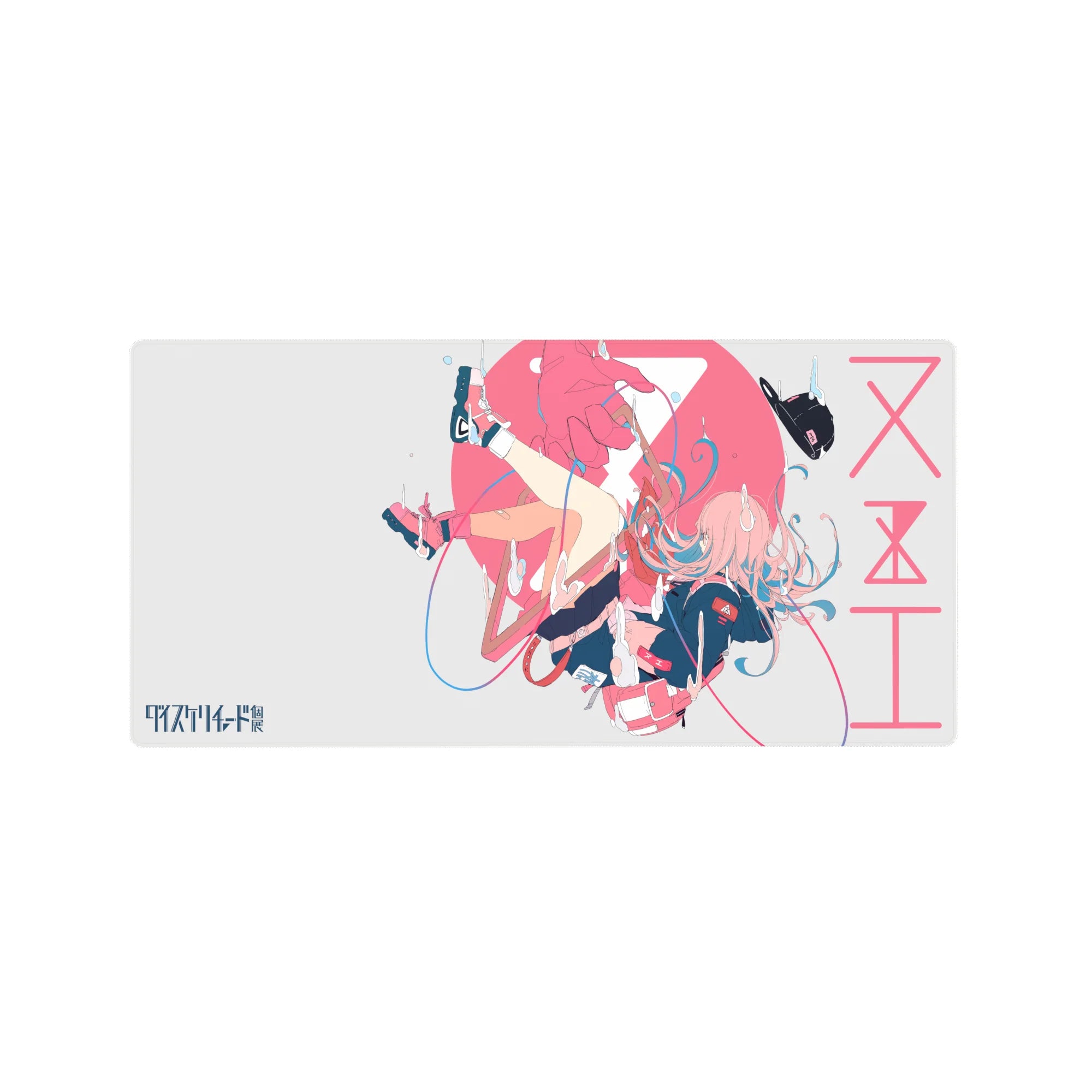 32x16 inches anime girl mouse pad with Zero Two freefall art, ribbons, blue accents, and red shoes.