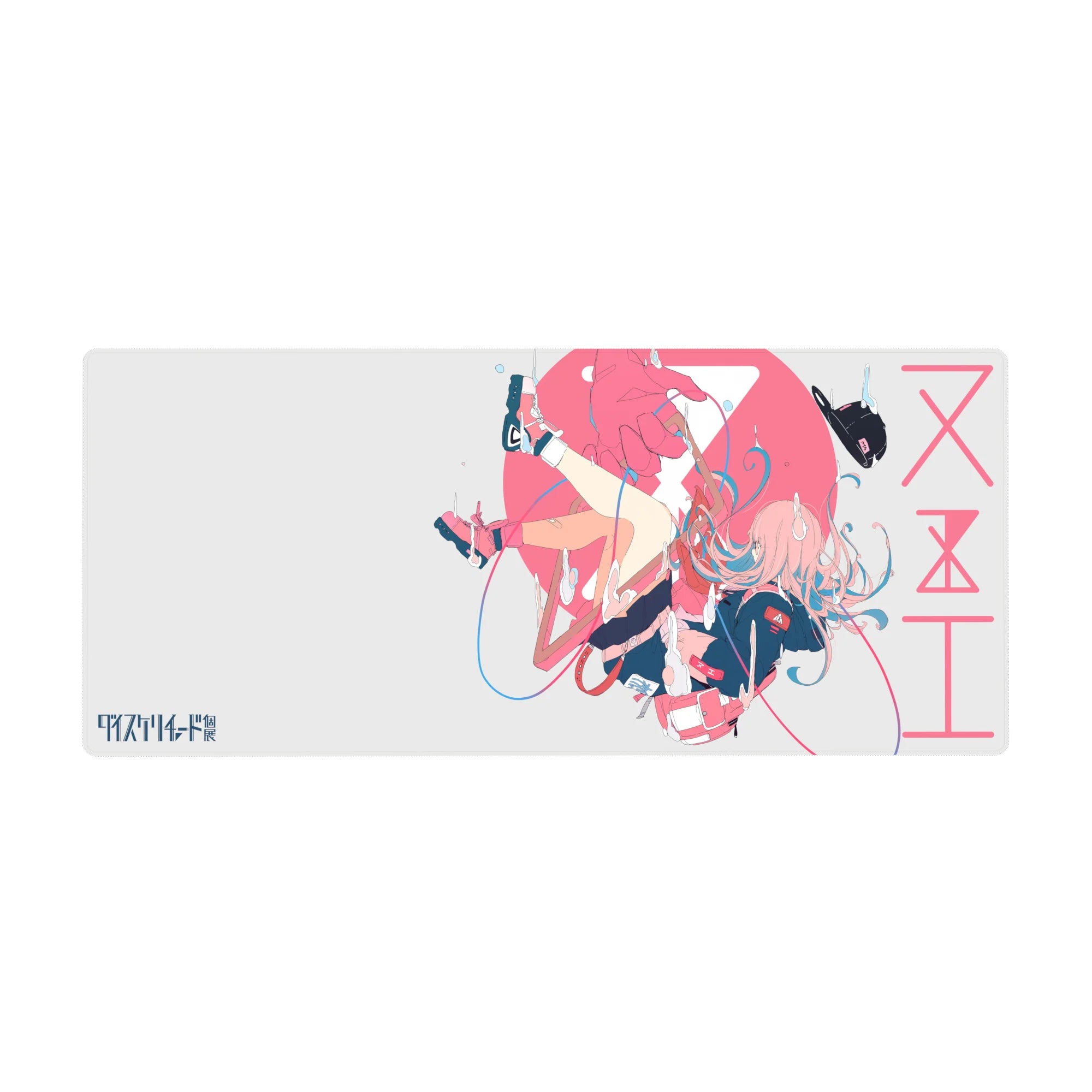 36x16 inches anime girl desk pad with Zero Two in dreamy freefall, ribbons and sci-fi accents.